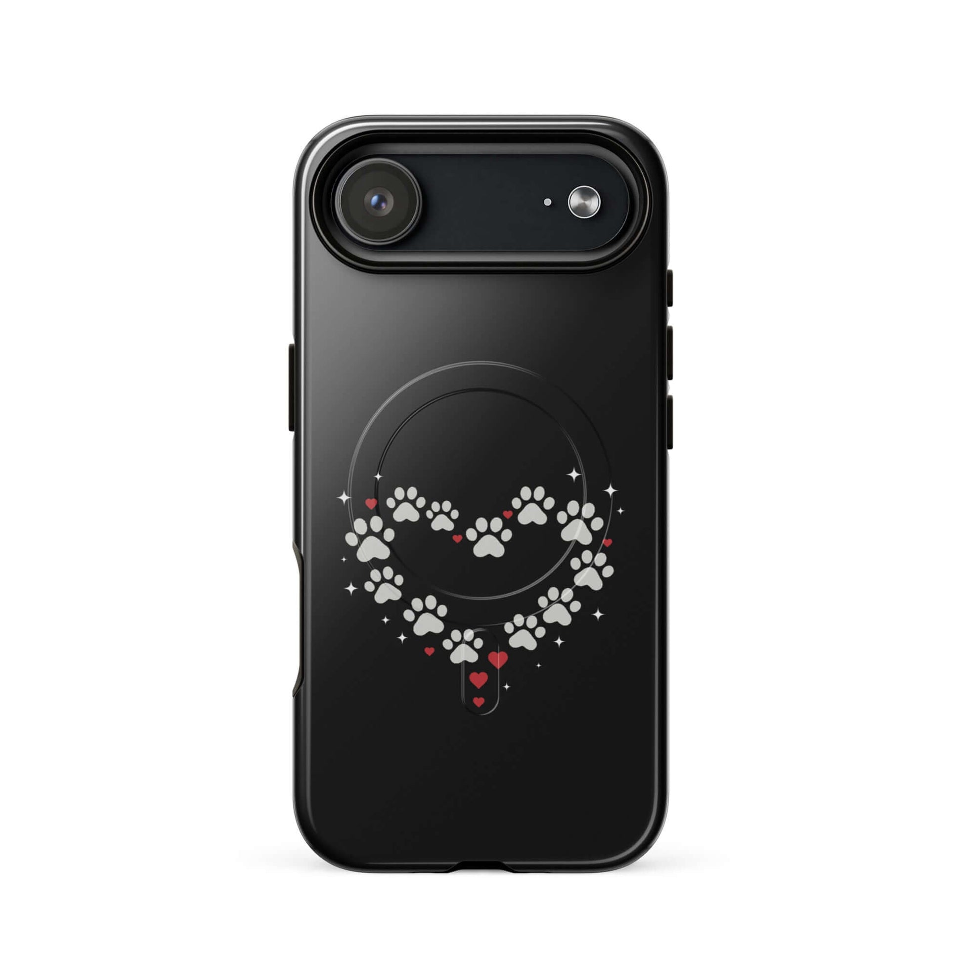 Magnetic Phone Case for iPhone with paw-print heart design on a striking black background.