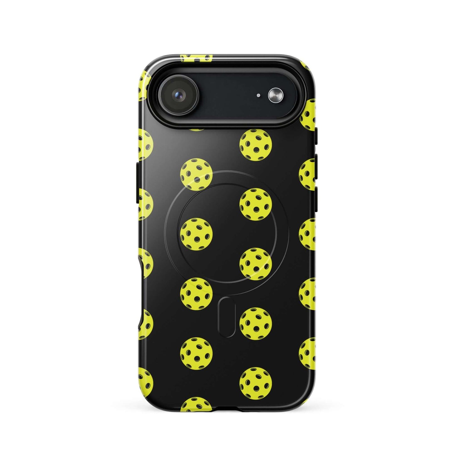 Magnetic Phone Case featuring a playful pickleball pattern on a black background for sporty style.