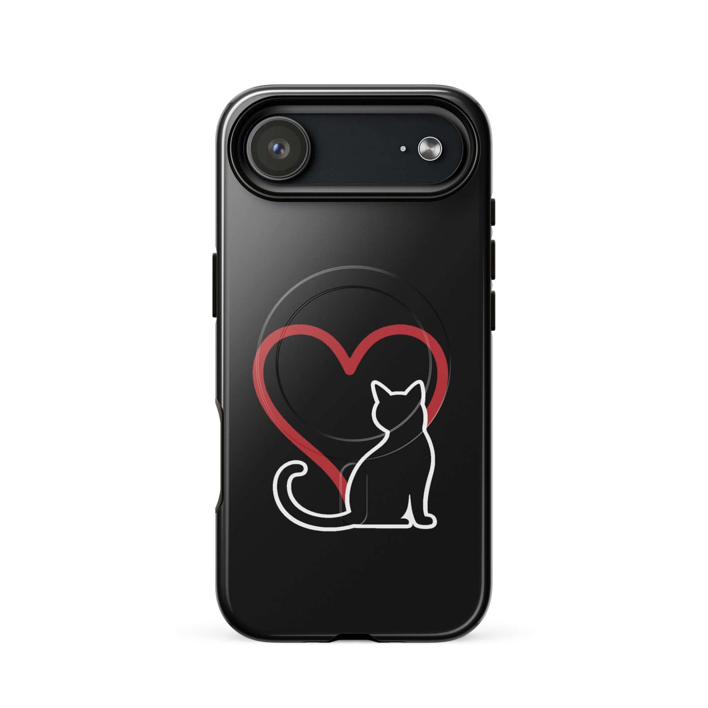 Magnetic Phone Case featuring a black cat silhouette and red heart design, perfect for cat lovers.
