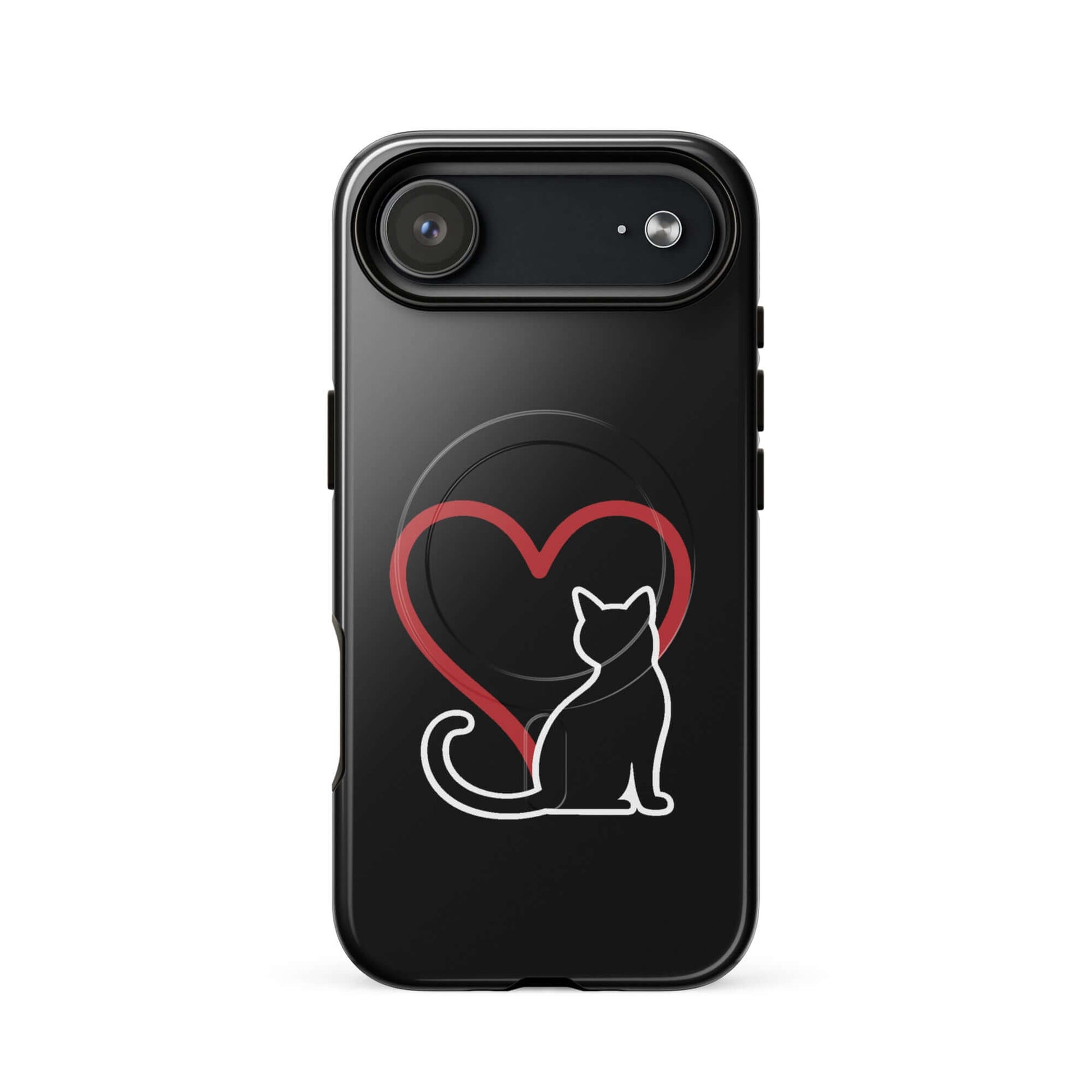 Magnetic Phone Case featuring a black cat silhouette and red heart design, perfect for cat lovers.