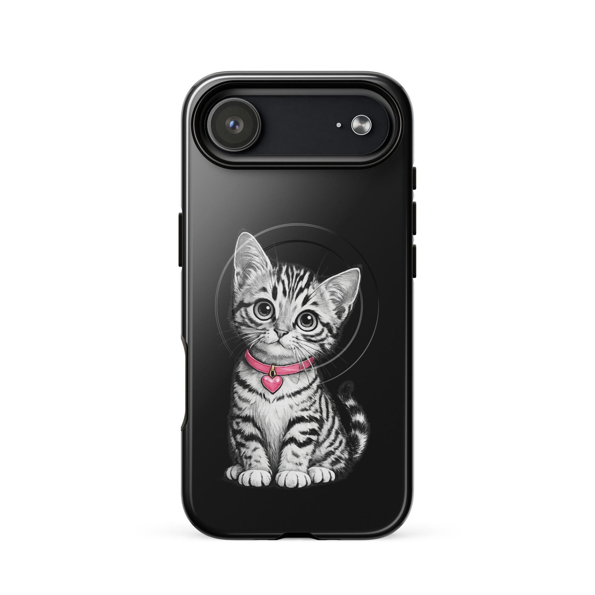 Magnetic Phone Case with sketch kitten design, pink collar, and heart charm for iPhone.