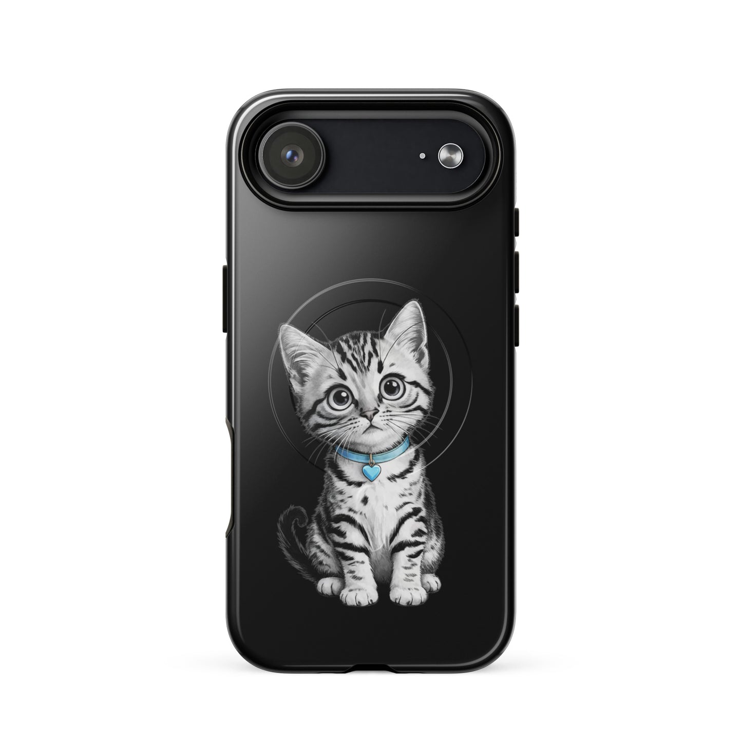Magnetic Phone Case with pencil-sketch kitten featuring blue collar and heart charm in black and white design.