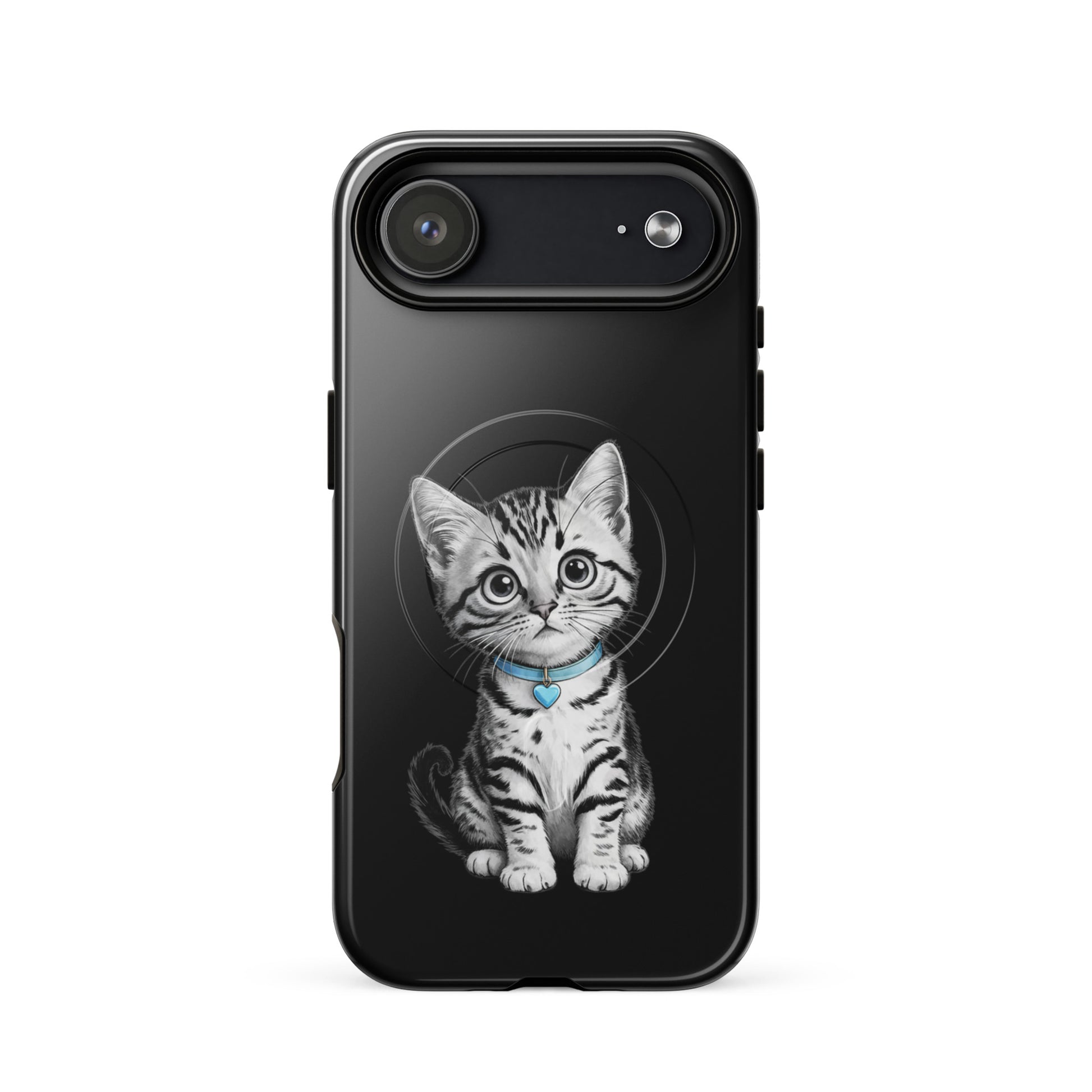 Magnetic Phone Case with pencil-sketch kitten featuring blue collar and heart charm in black and white design.