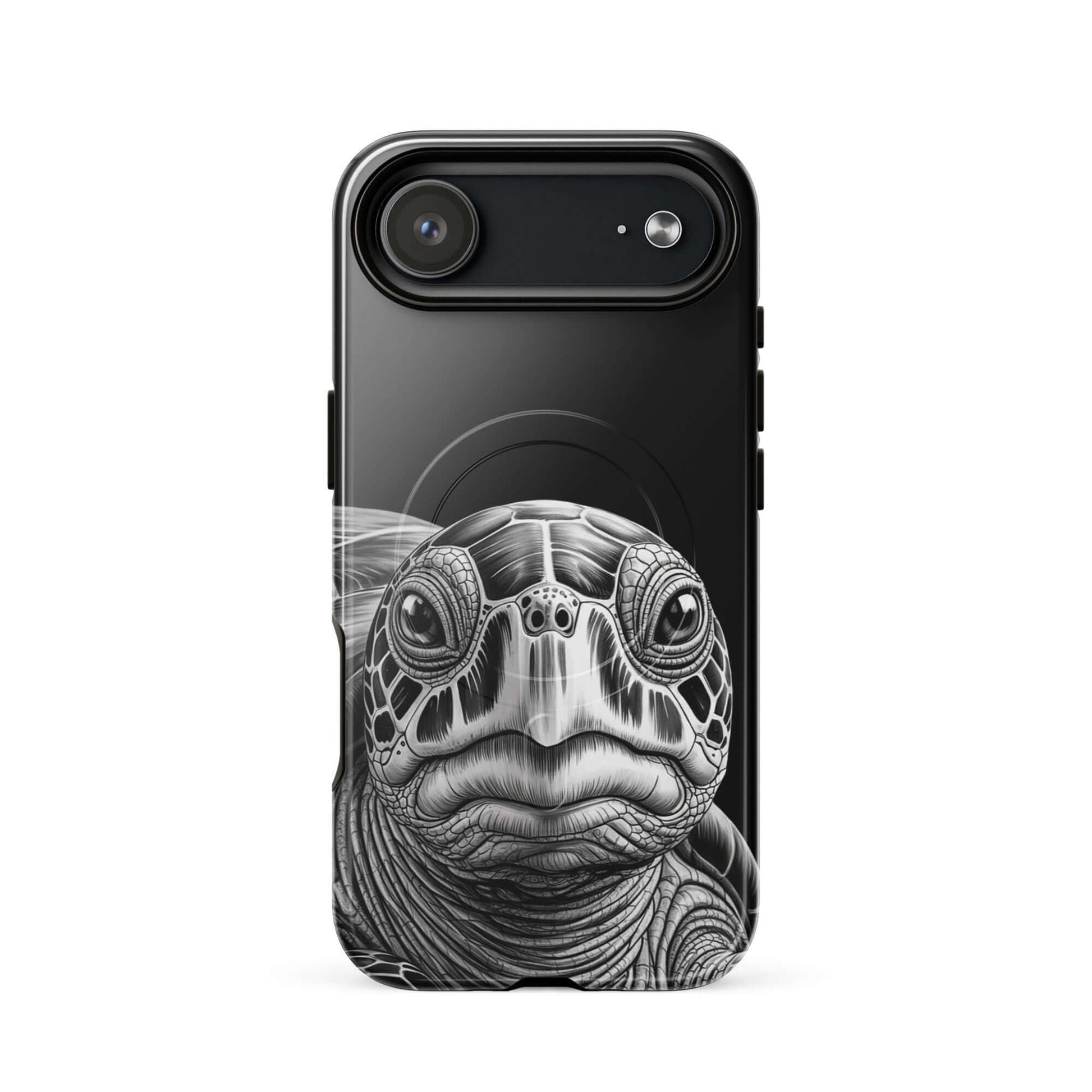 Magnetic Phone Case with ancient sea turtle art for iPhone, featuring a black-and-white sketch capturing intricate shell geometry.