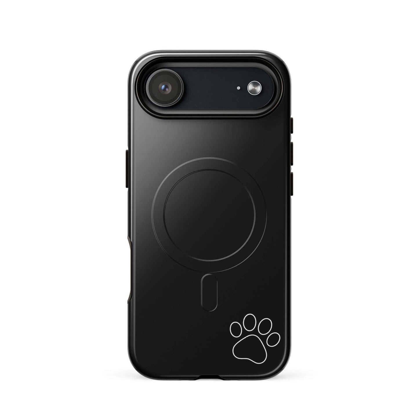 Sleek black Magnetic Phone case for iPhone with minimalist white paw print design, offering playful charm and modern elegance.