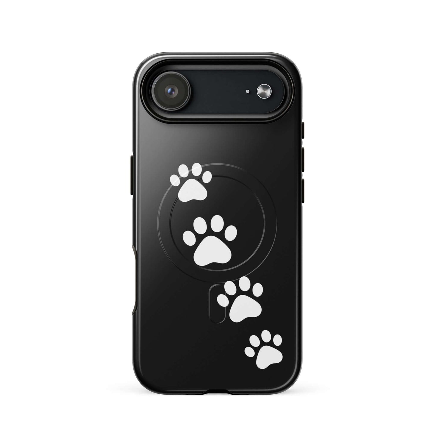 Magnetic Phone Case featuring diagonal paw-print trail on a sleek black background, perfect for playful pet lovers.