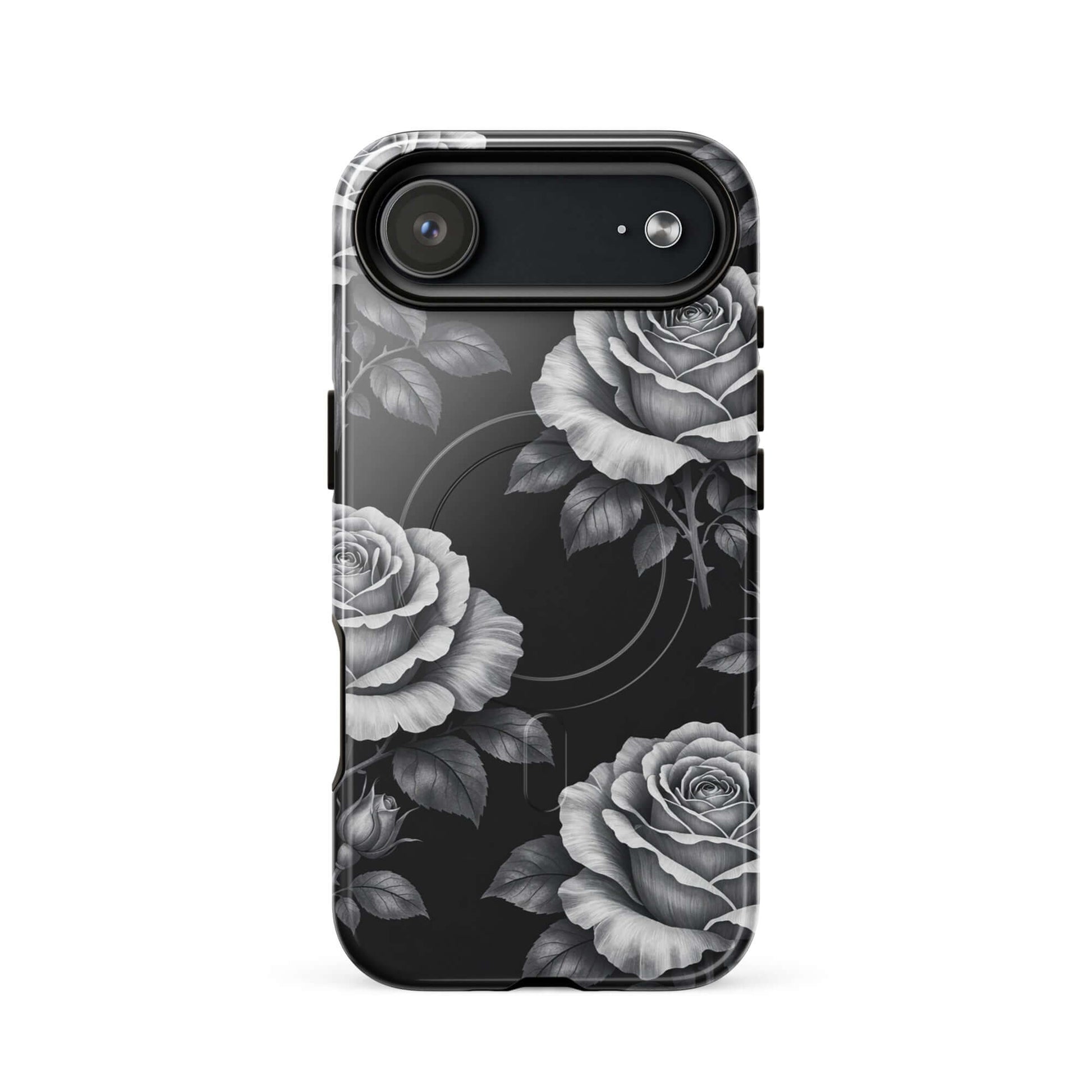 Magnetic Phone Case for iPhone with rose garden design on black background featuring hand-sketched roses and lush leaves.