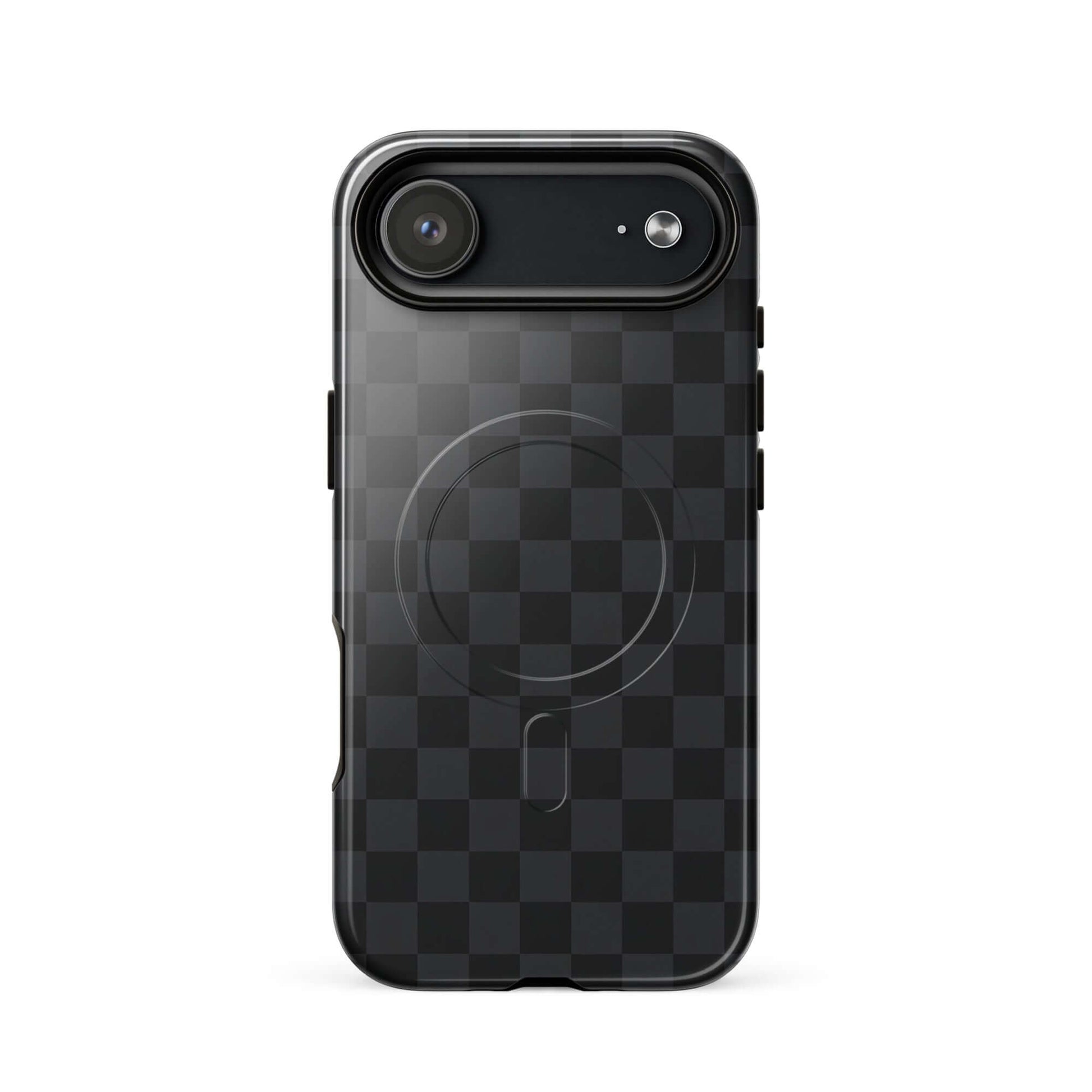 Magnetic Phone Case in black and charcoal checkered design for iPhone, sleek and modern protective cover.