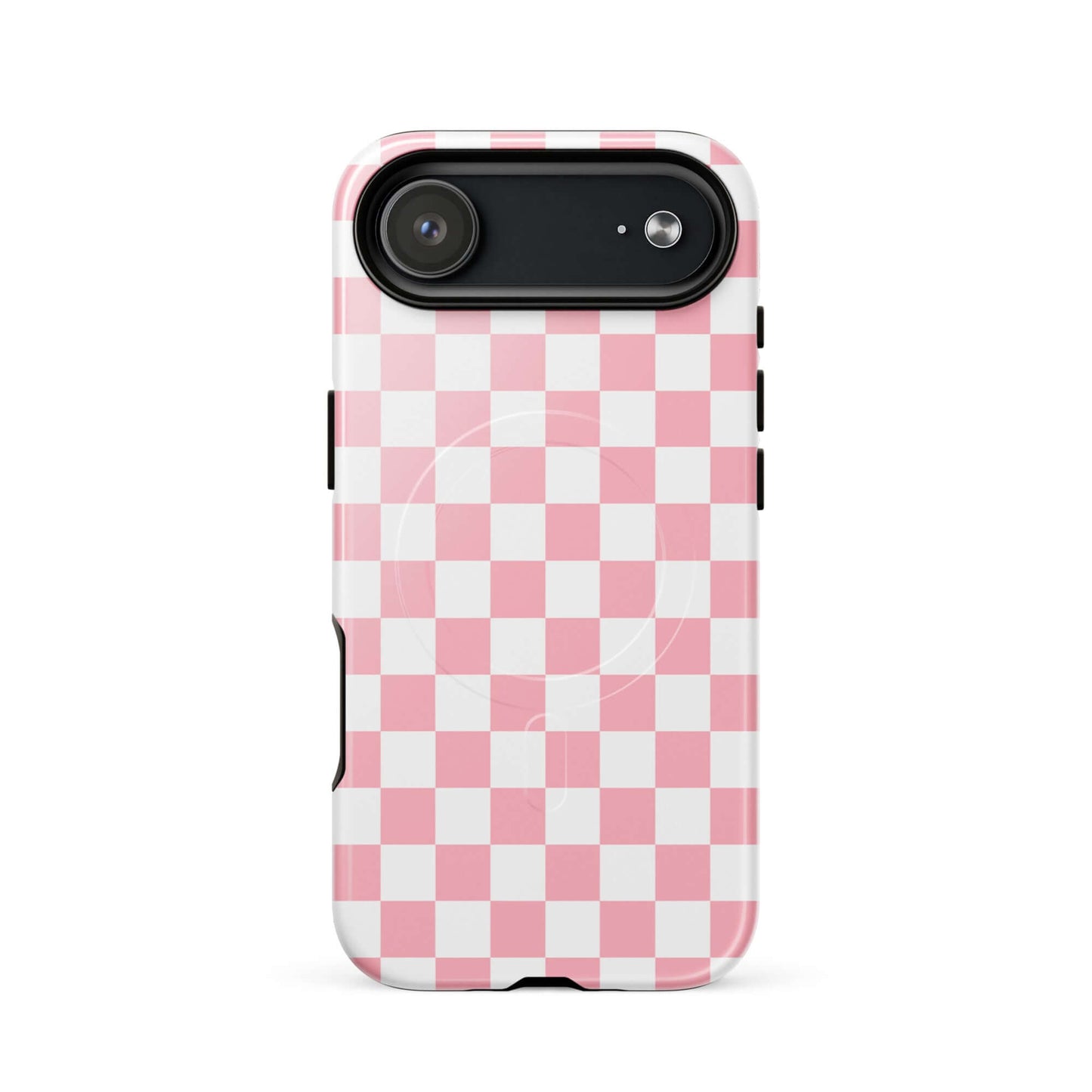 Magnetic Phone Case with playful pink and white checkered pattern for iPhone, enhancing style while providing protection and flair.