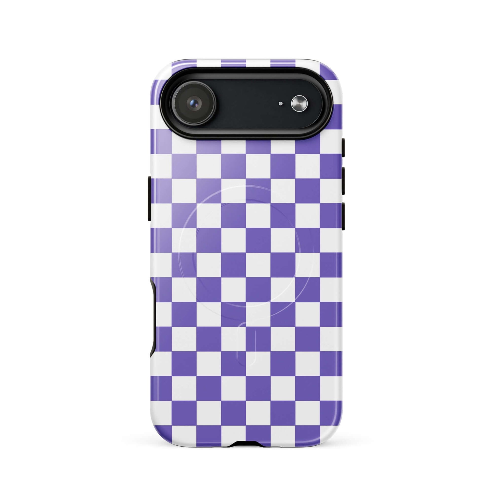 Magnetic Phone Case for iPhone in purple and white checkered pattern, adding style and personality to your device.