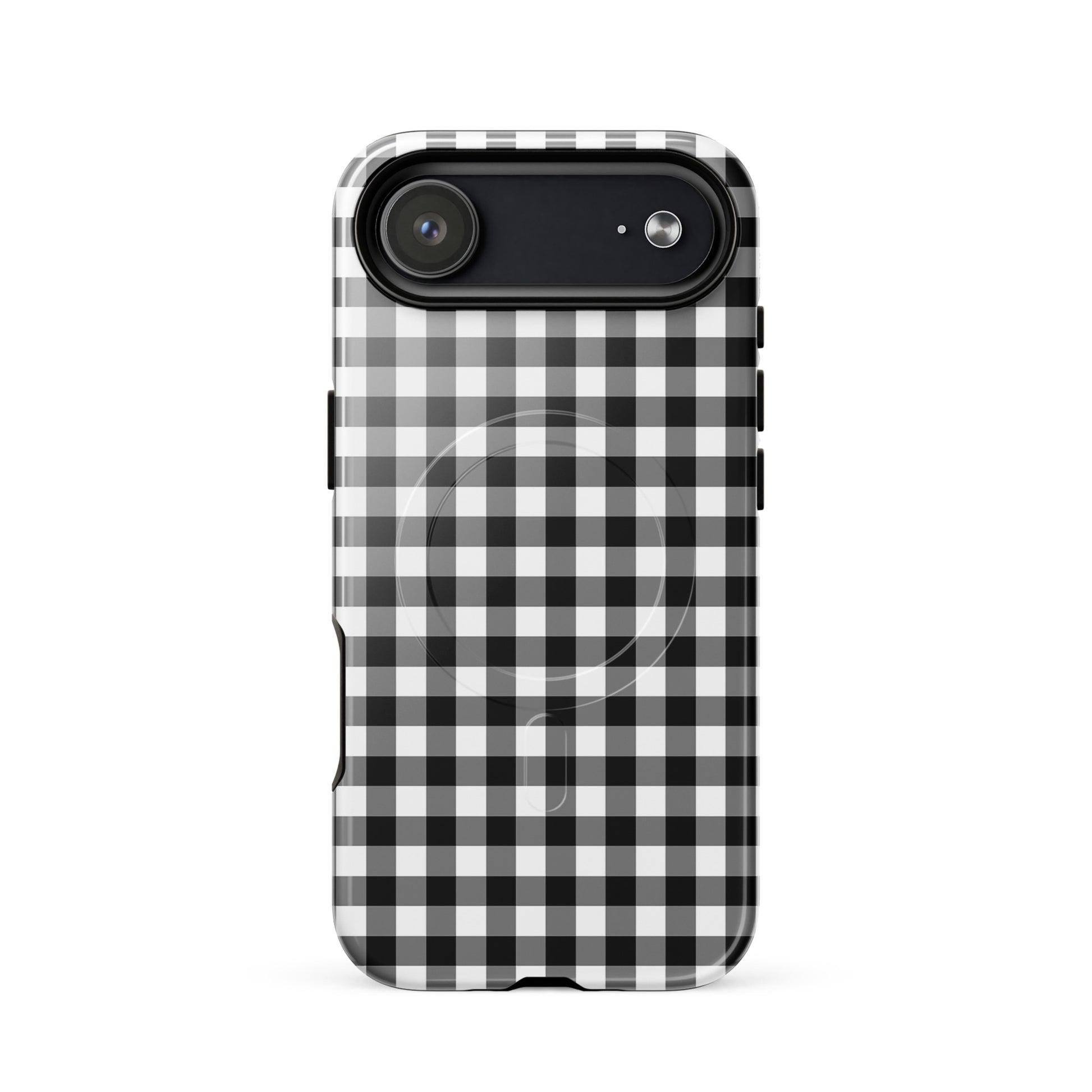 Magnetic Phone Case with black-and-white gingham pattern for iPhone, offering style and protection.