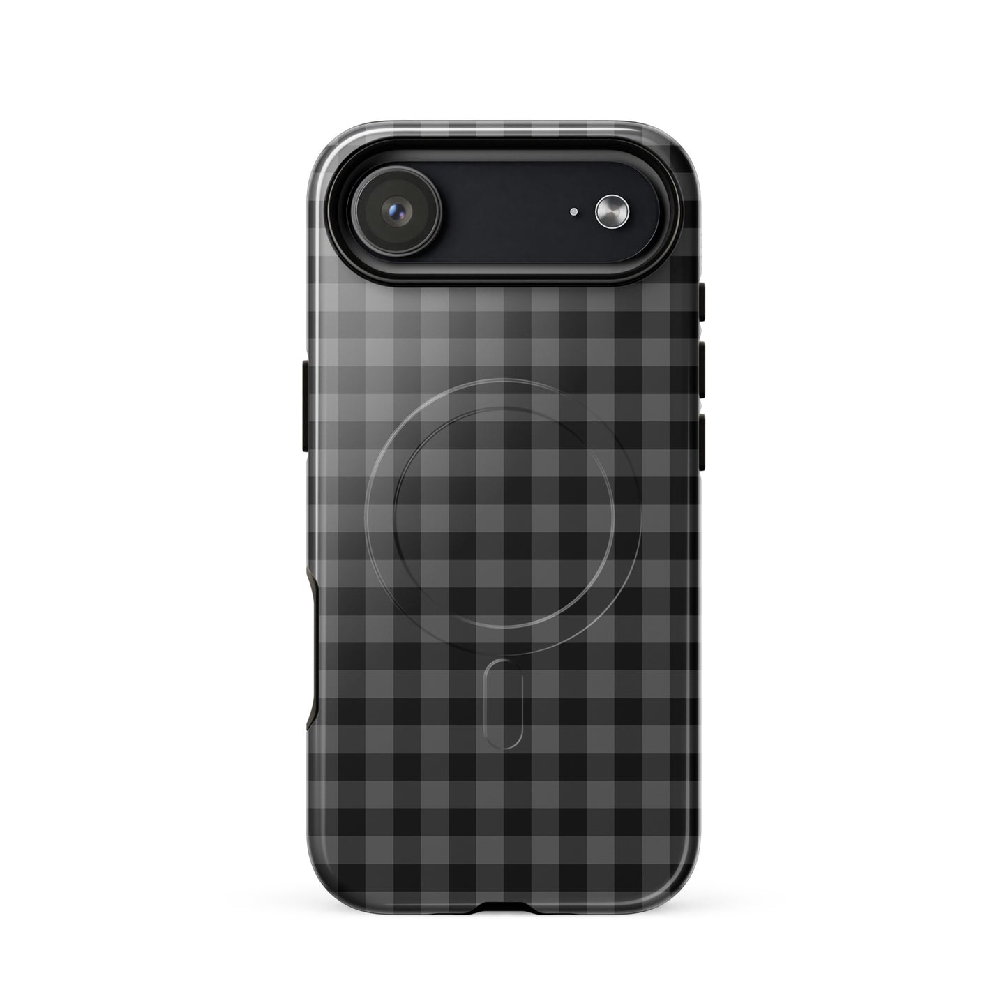 Magnetic Phone Case for iPhone with black-and-charcoal gingham pattern, combining style and protection.