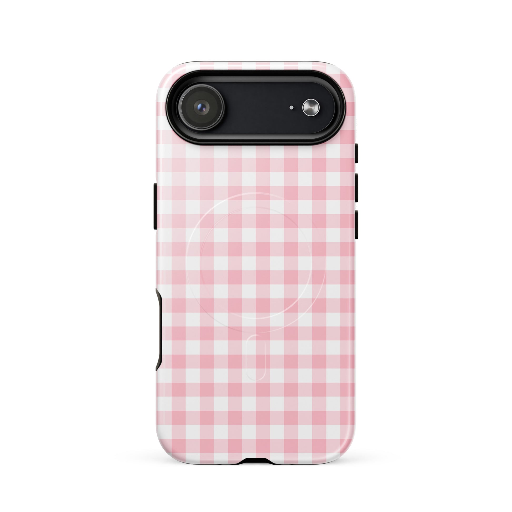 Magnetic Phone Case with pink gingham pattern for iPhone, chic design offering luxury protection.
