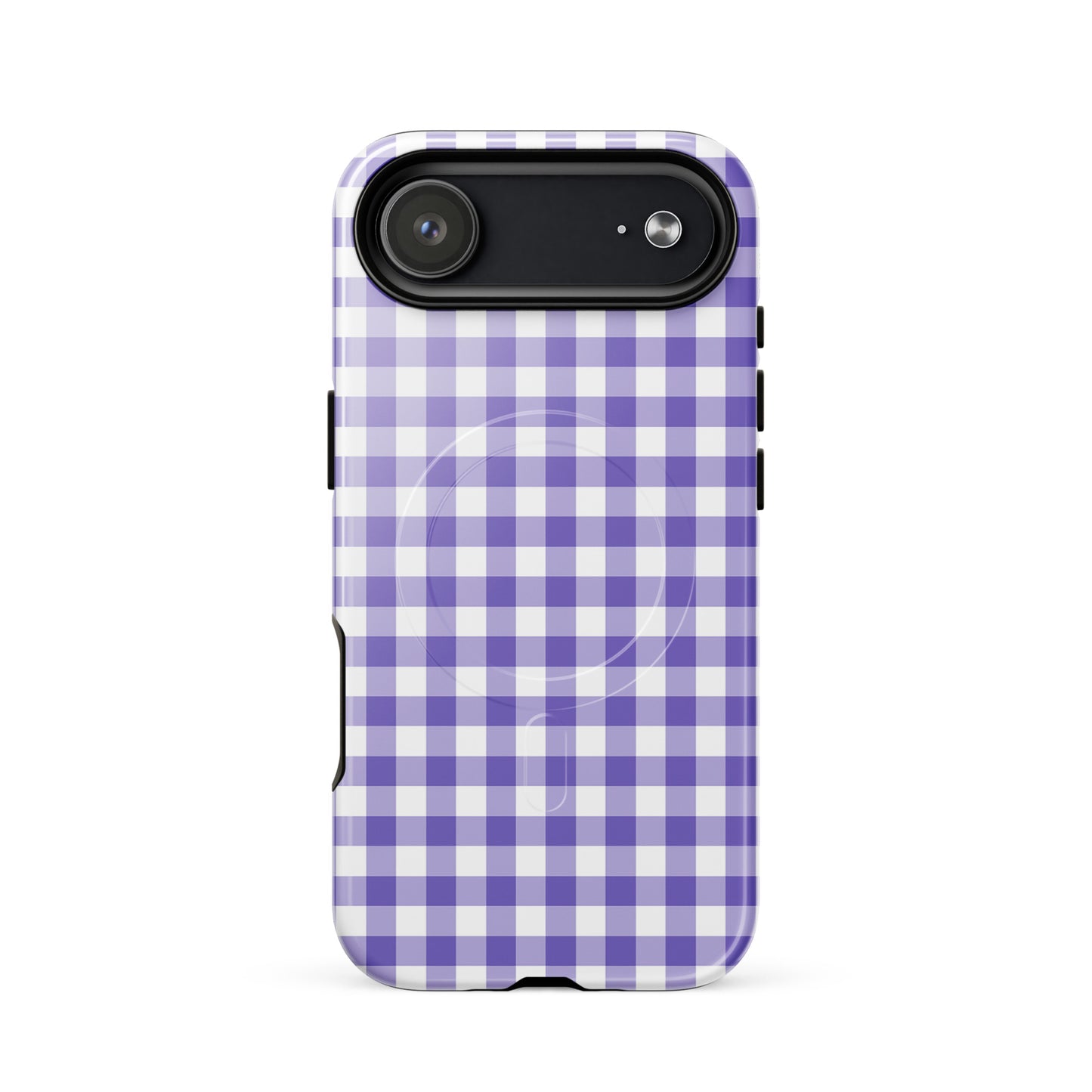 Magnetic Phone Case with purple gingham pattern for iPhone, offering style and protection.