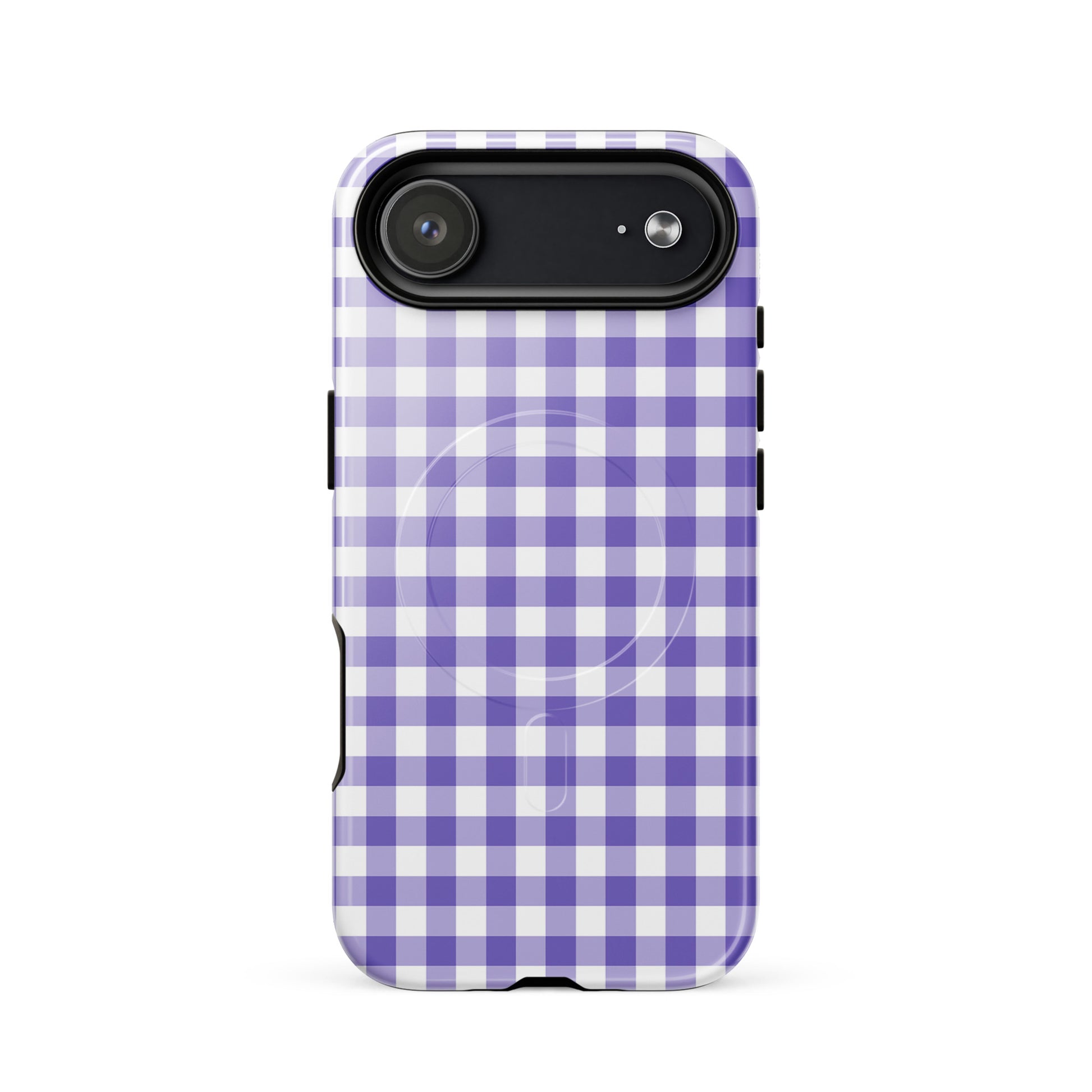Magnetic Phone Case with purple gingham pattern for iPhone, offering style and protection.