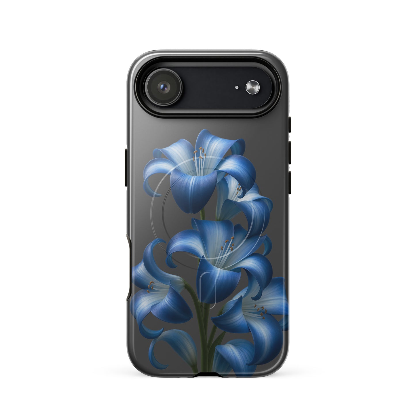 Magnetic Phone Case for iPhone featuring blue lily bloom art on dark background