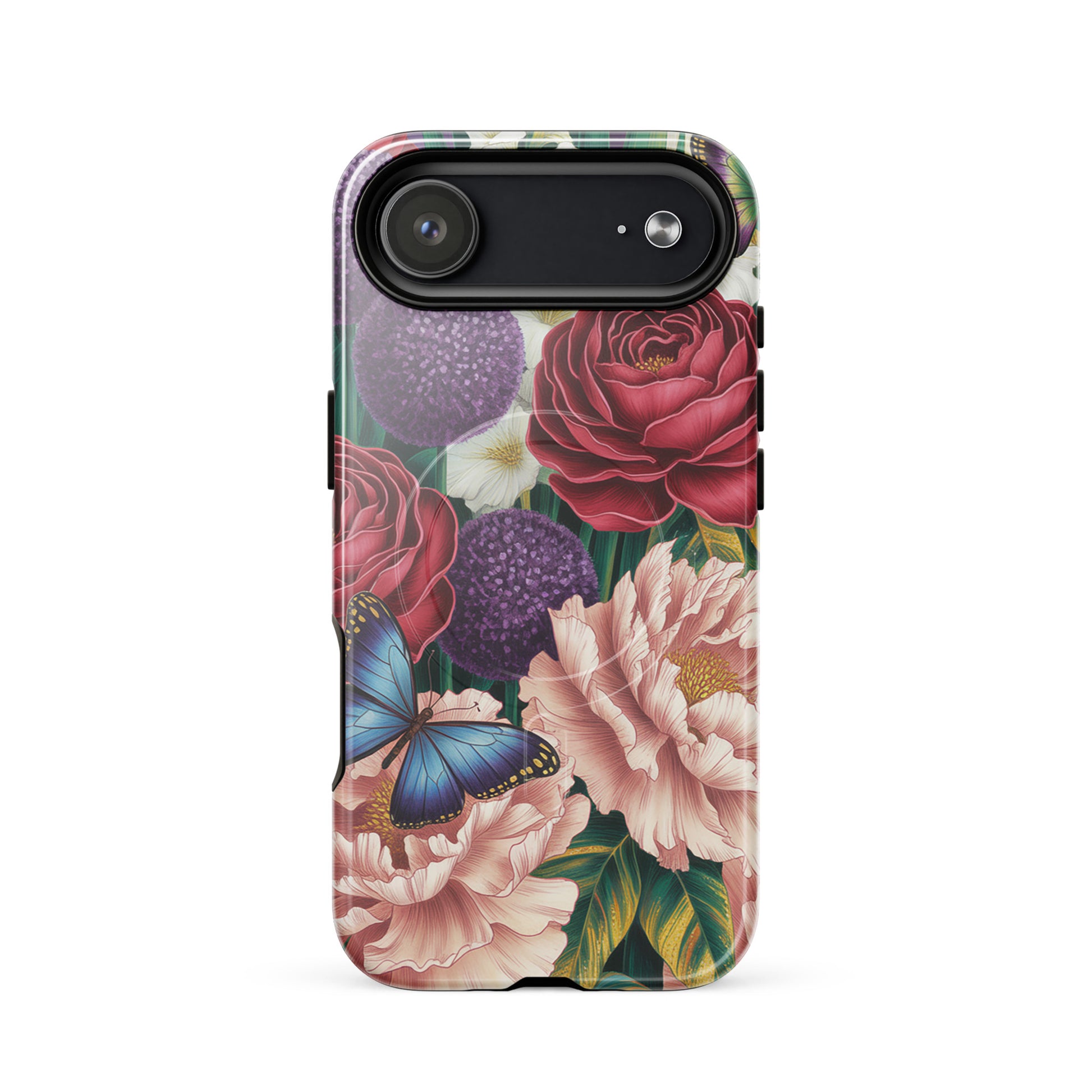 Magnetic Phone Case for iPhone with crimson roses, pink peonies, purple alliums, and butterflies in a botanical garden design.
