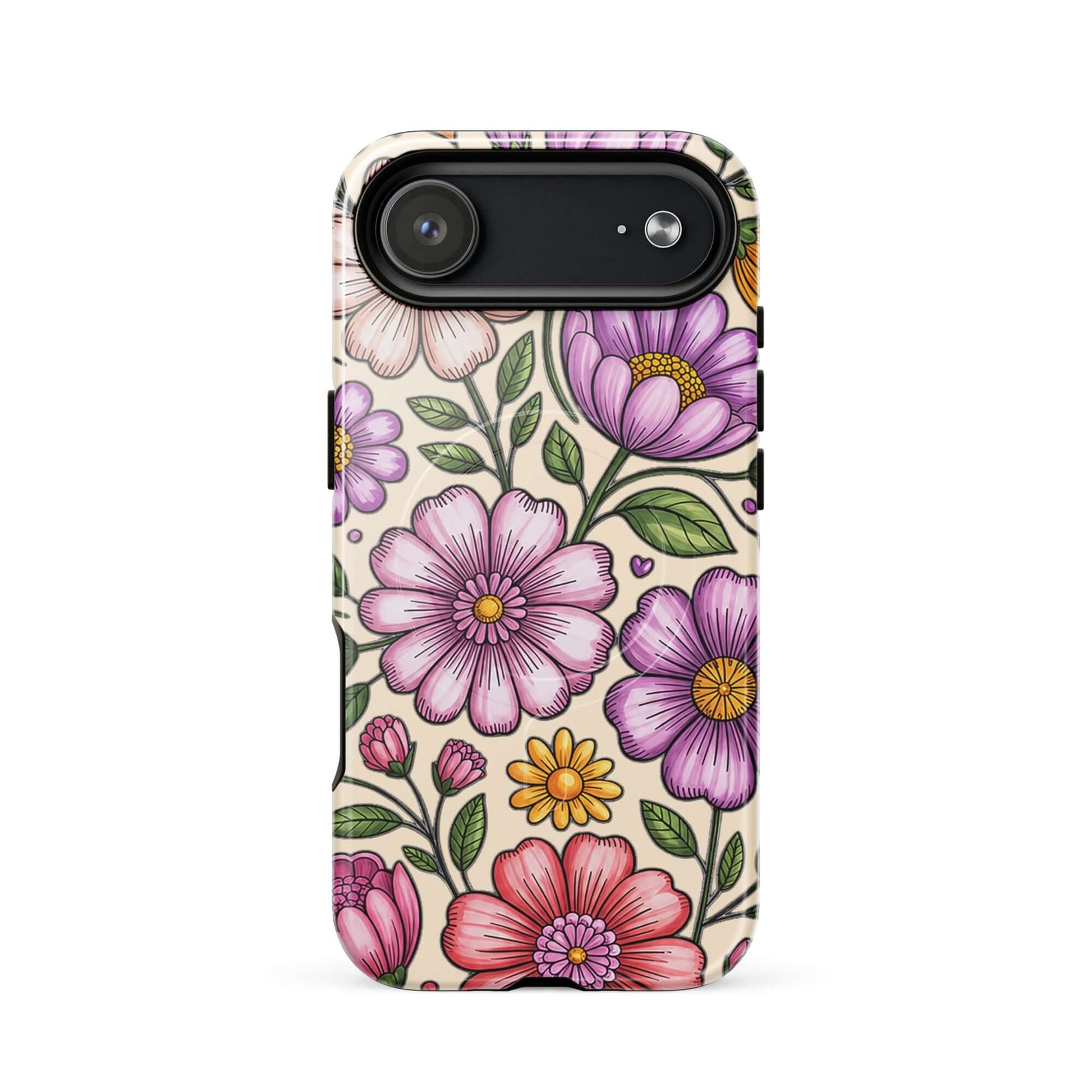 Magnetic Phone Case featuring pastel floral design with pink, lavender, and yellow flowers; impact-resistant polycarbonate shell.