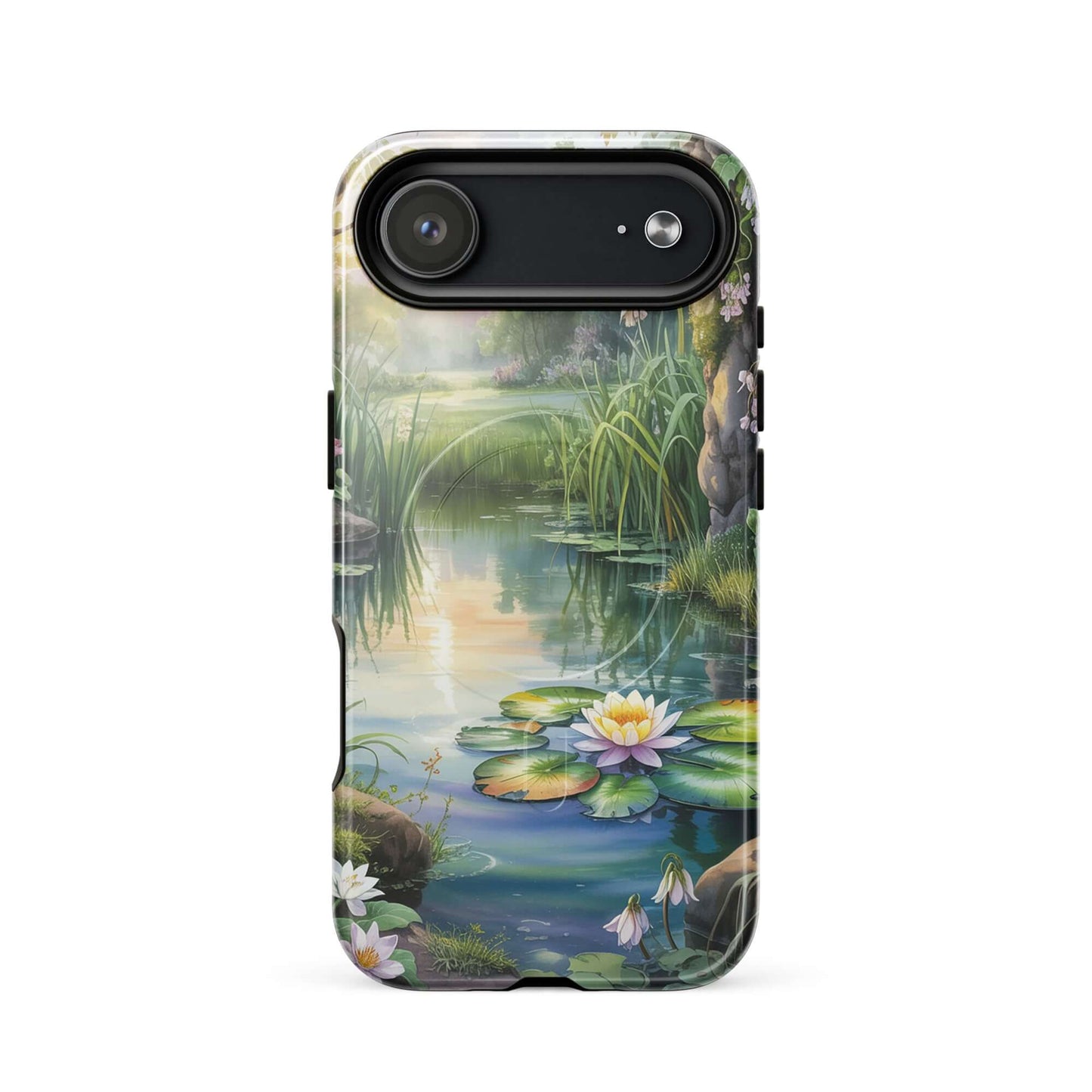 Magnetic Phone Case for iPhone featuring a dreamy enchanted pond design with lily pads and wildflowers.