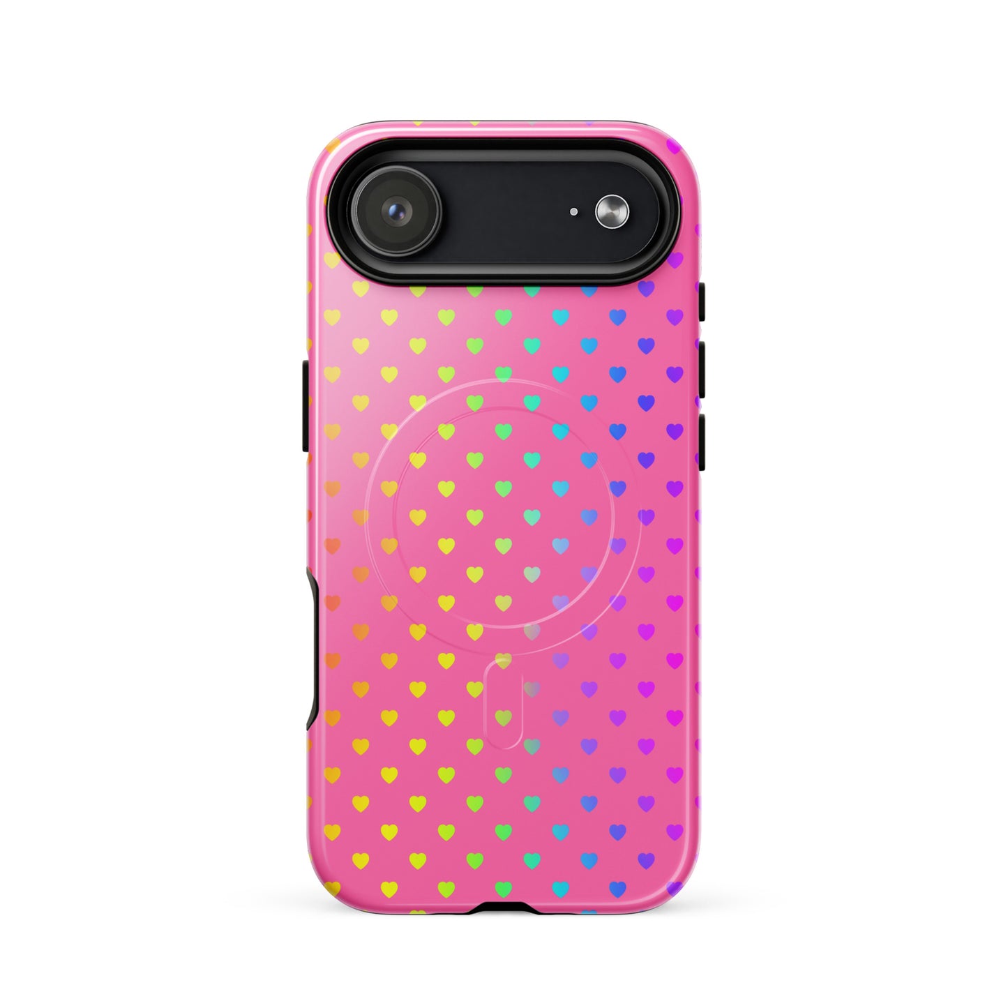 Pink Magnetic Phone Case for iPhone with Cute Rainbow Hearts Design