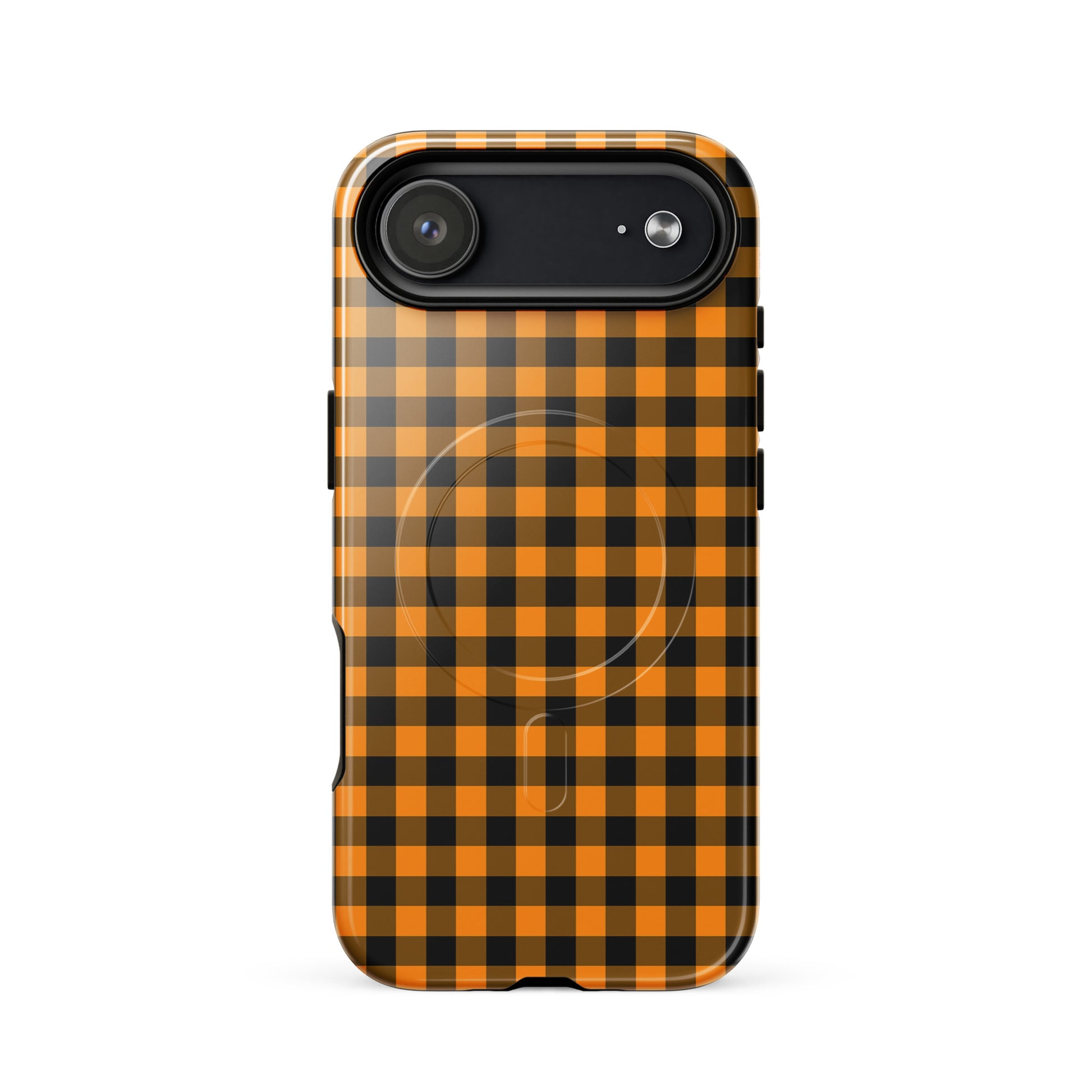 Magnetic Phone Case with black-and-orange gingham pattern, perfect for iPhone with Autumn theme design.
