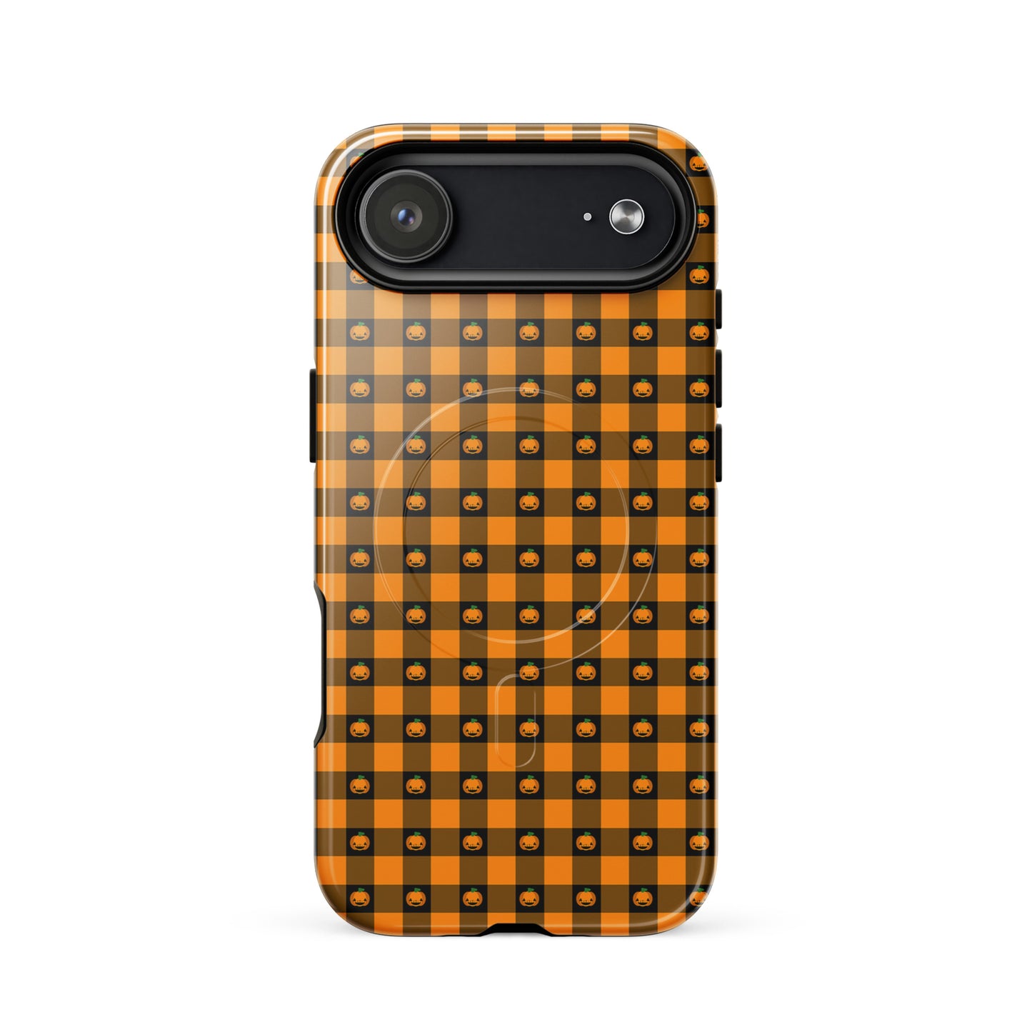 Magnetic Phone Case for iPhone featuring Halloween Pumpkin Gingham design with jack-o’-lanterns on a bold black and orange pattern