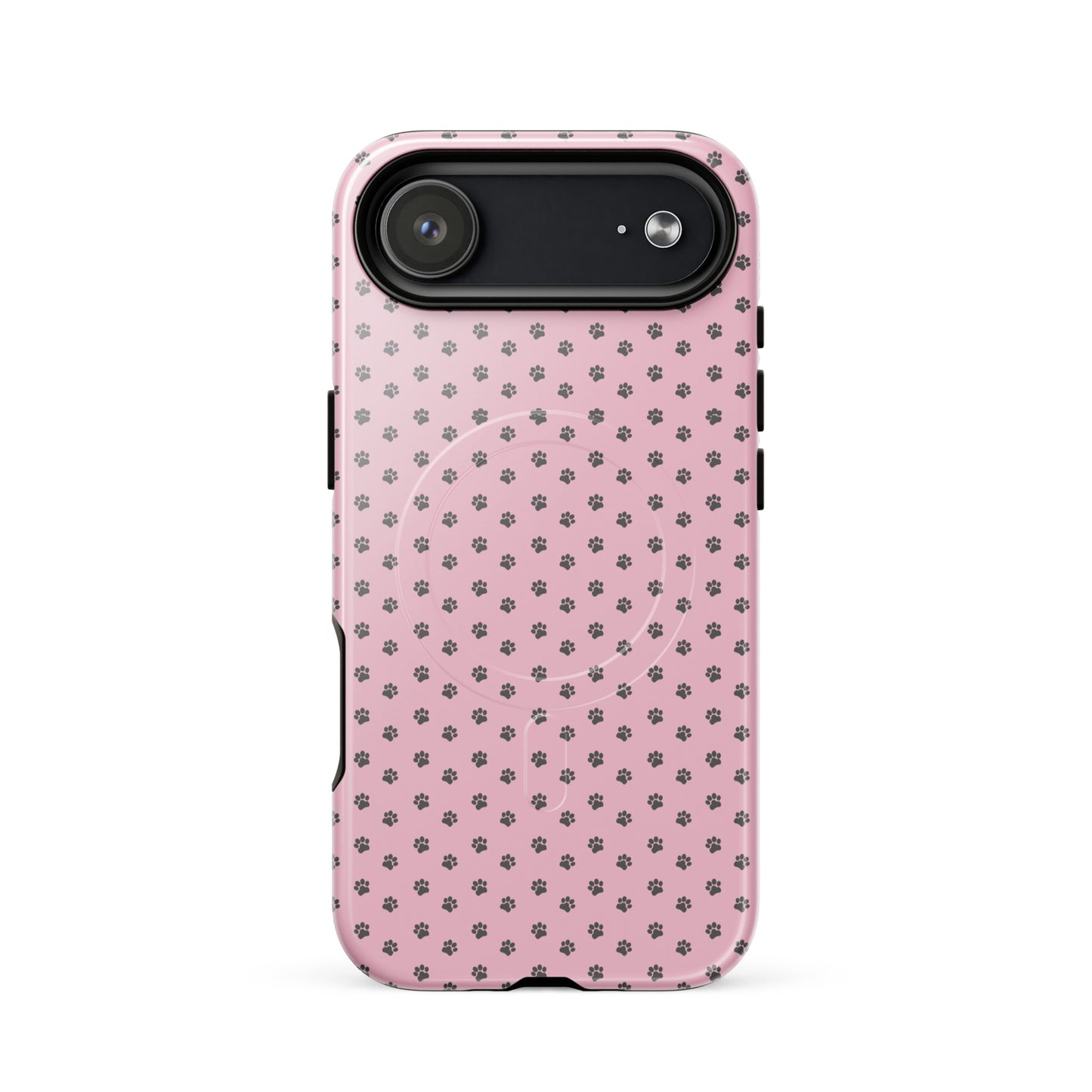 Magnetic Phone Case for iPhone with paw print design on pink background, blending playful charm and protection.