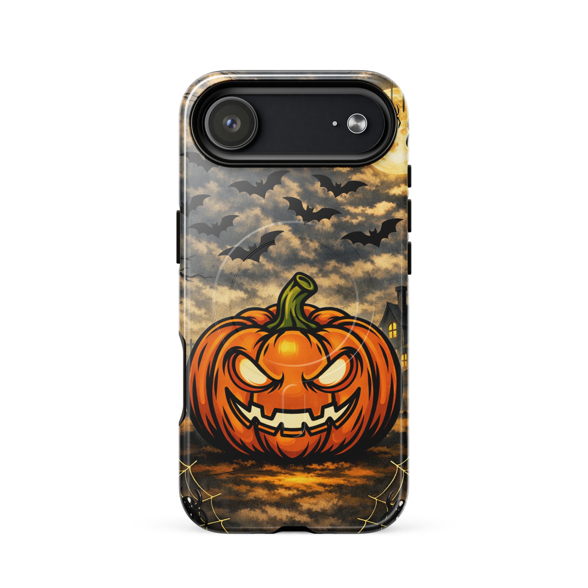 Magnetic Phone Case features Halloween scene with glowing jack-o’-lantern, bats, and haunted house under moonlit clouds.