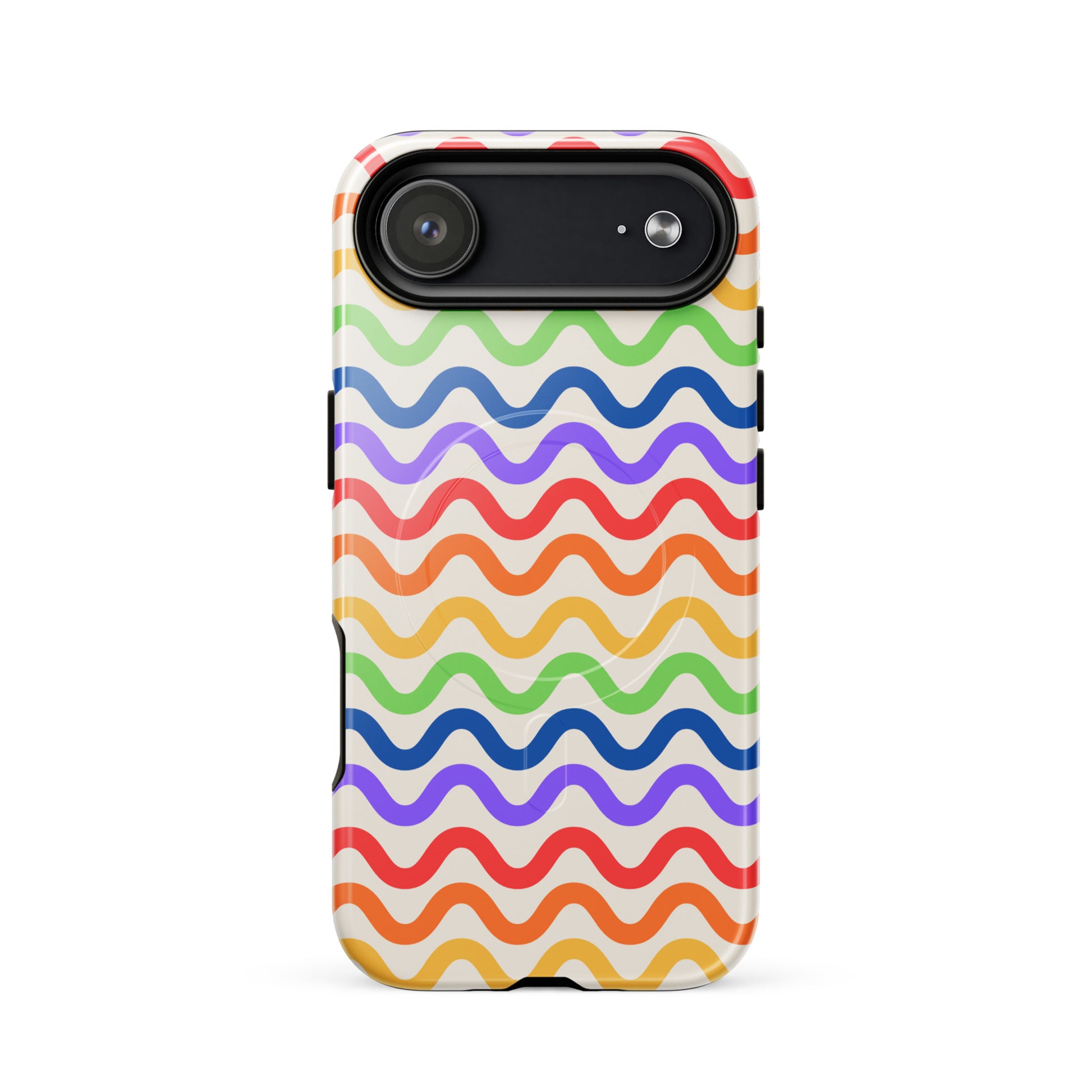 Magnetic Phone Case for iPhone with wavy rainbow design on white background