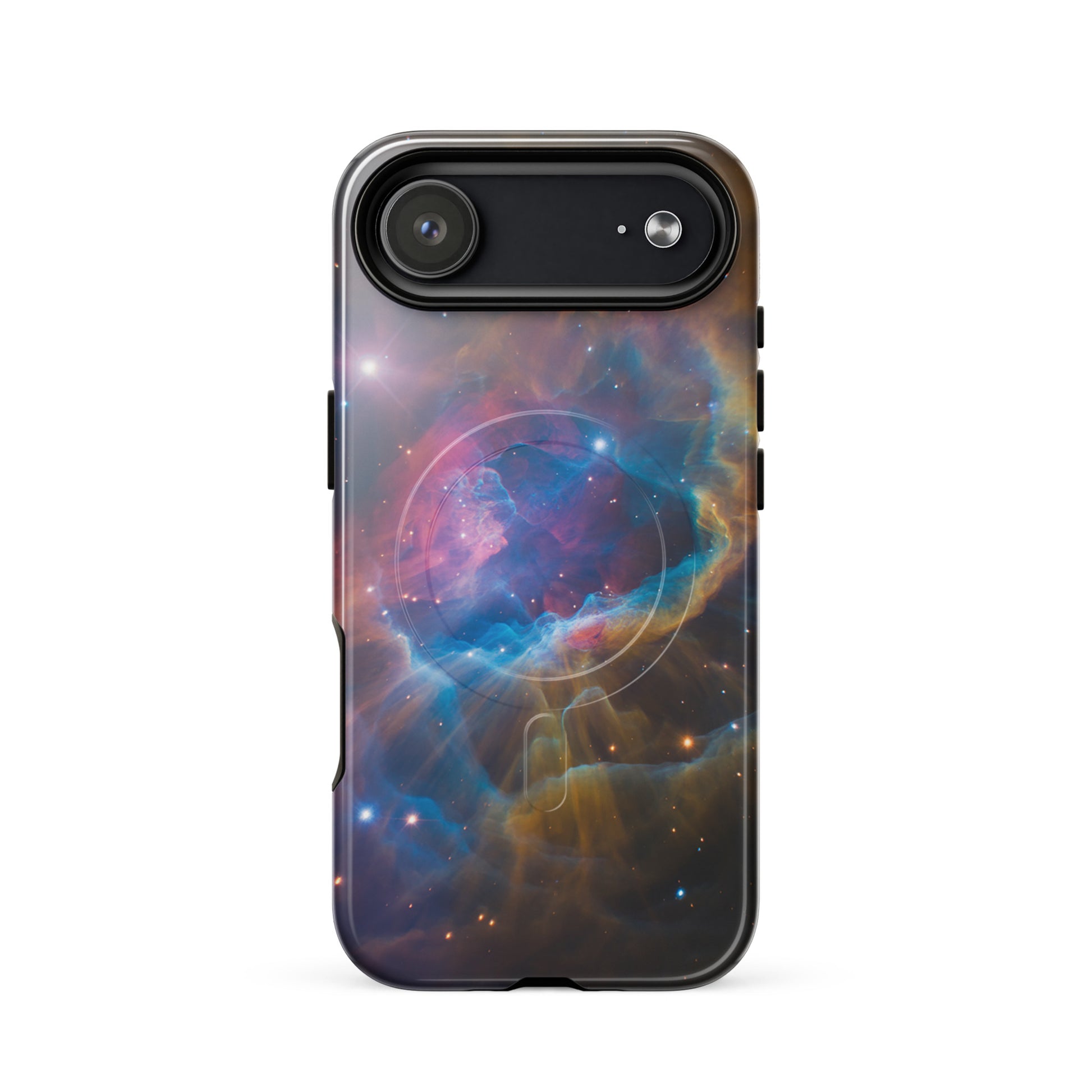 Magnetic Phone Case for iPhone with nebula design in blue, orange, and pink hues swirling like a cosmic dreamscape starburst.