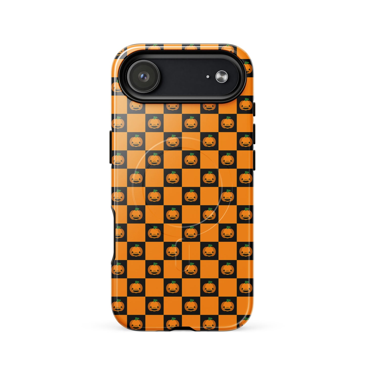 Magnetic Phone Case with pumpkin checkered Halloween design for iPhone, featuring orange and black squares with jack-o’-lanterns.