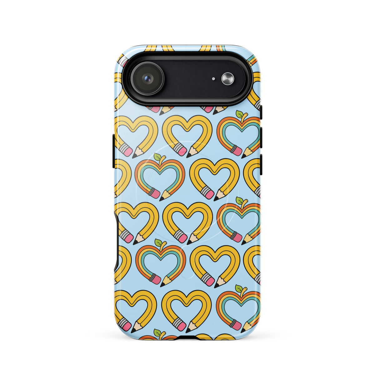 Magnetic Phone Case for iPhone with playful pencil-heart pattern, featuring imaginative design with pencil-shaped hearts and green leaves.