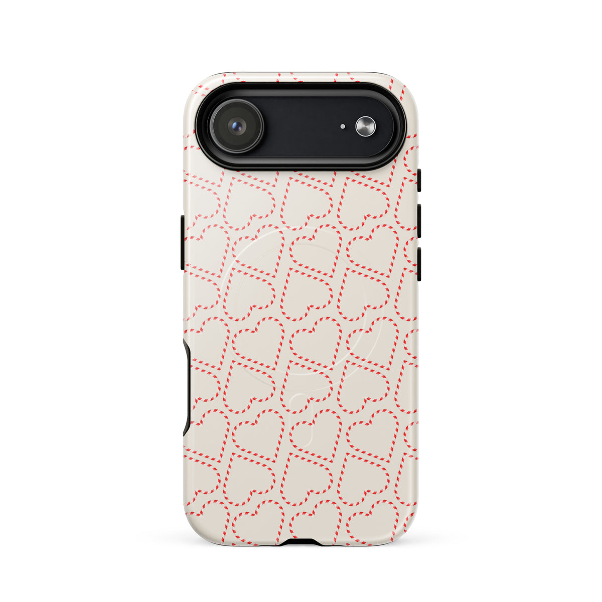 Magnetic Phone Case with festive candy cane heart pattern for iPhone, perfect for holiday celebrations and winter vibes.