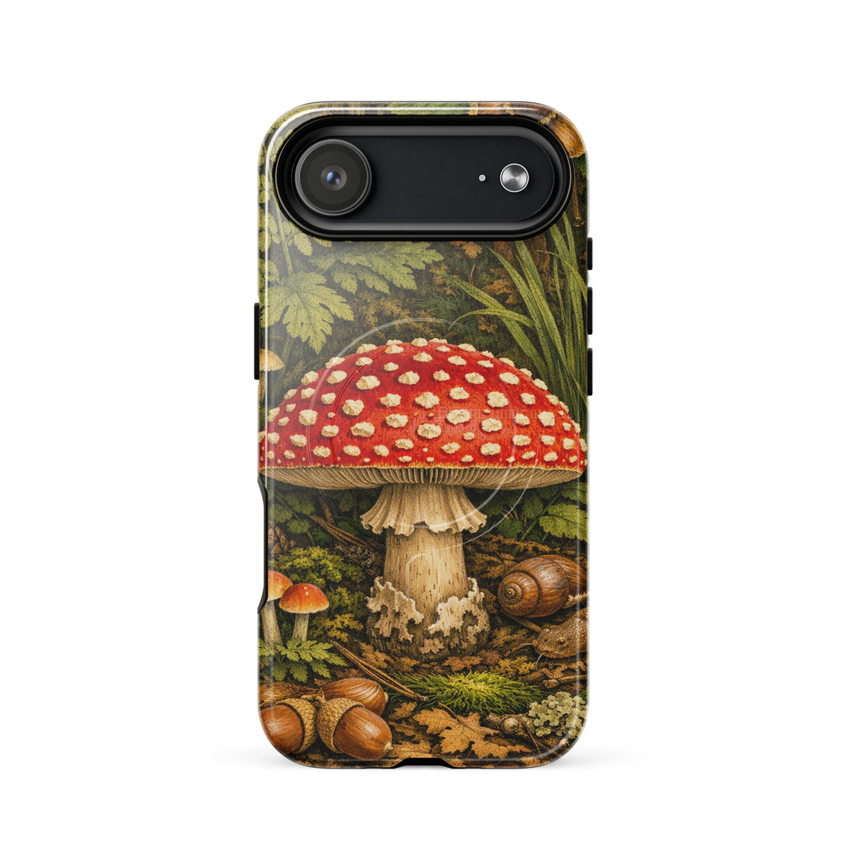 Magnetic Phone Case with Amanita muscaria mushroom design for iPhone, featuring a vivid forest-inspired illustration.