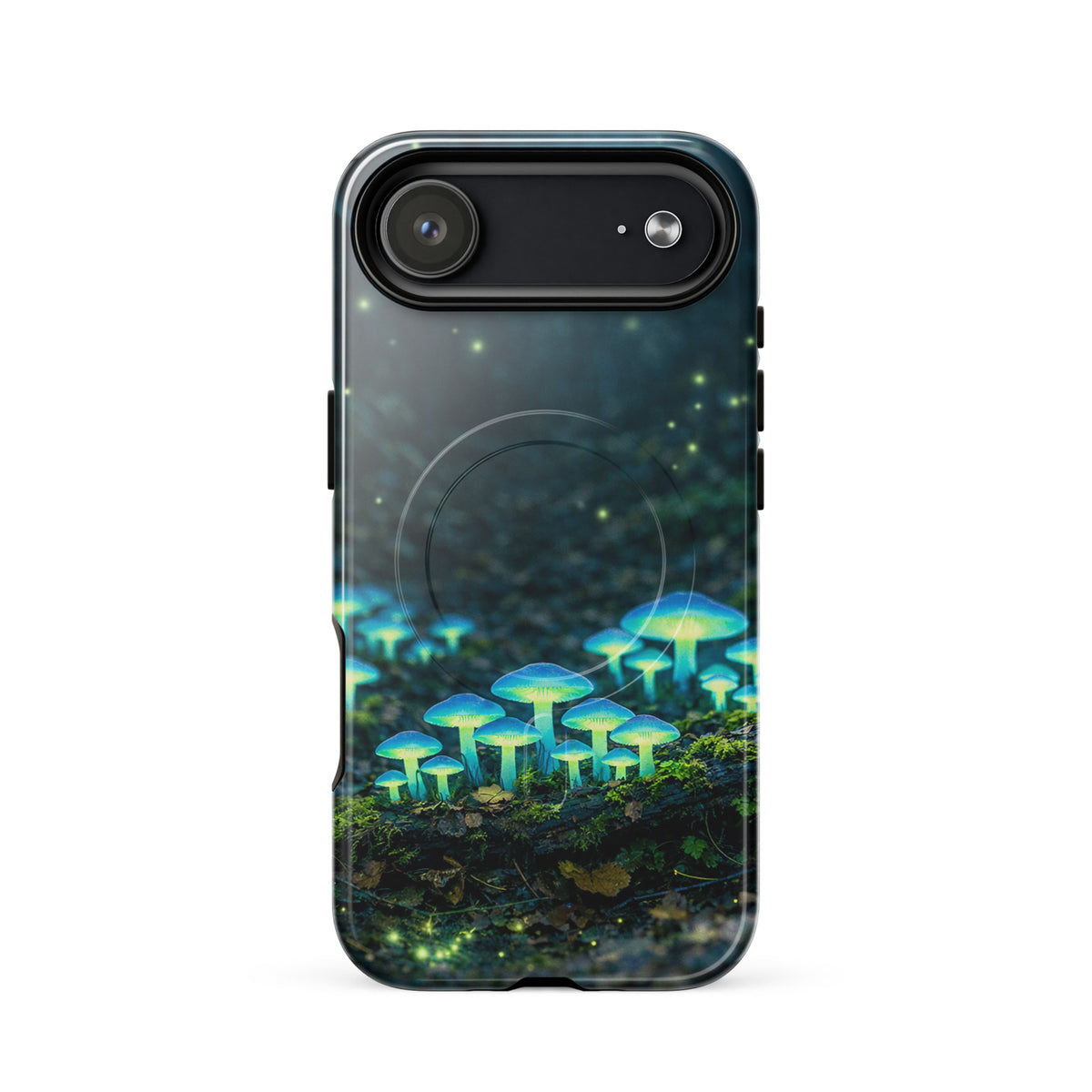 Magnetic Phone Case with bioluminescent forest mushrooms design, glowing in ethereal blue-green hues, enchanting iPhone accessory