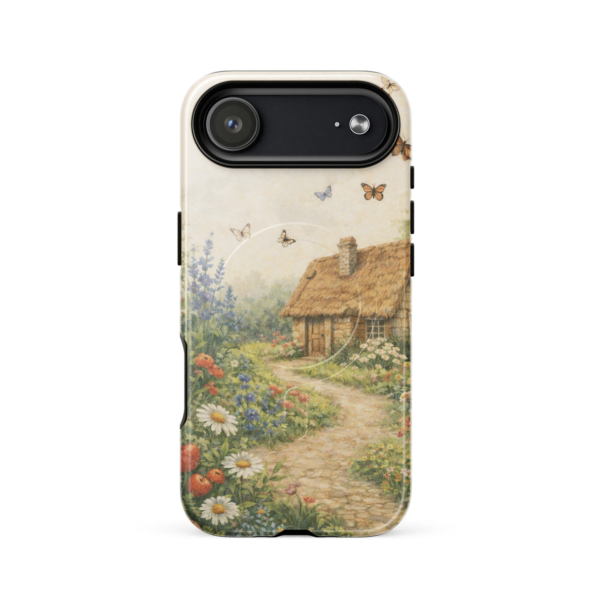 Magnetic Phone Case for iPhone with cottage garden art featuring a thatched-roof cottage and vibrant flowers.