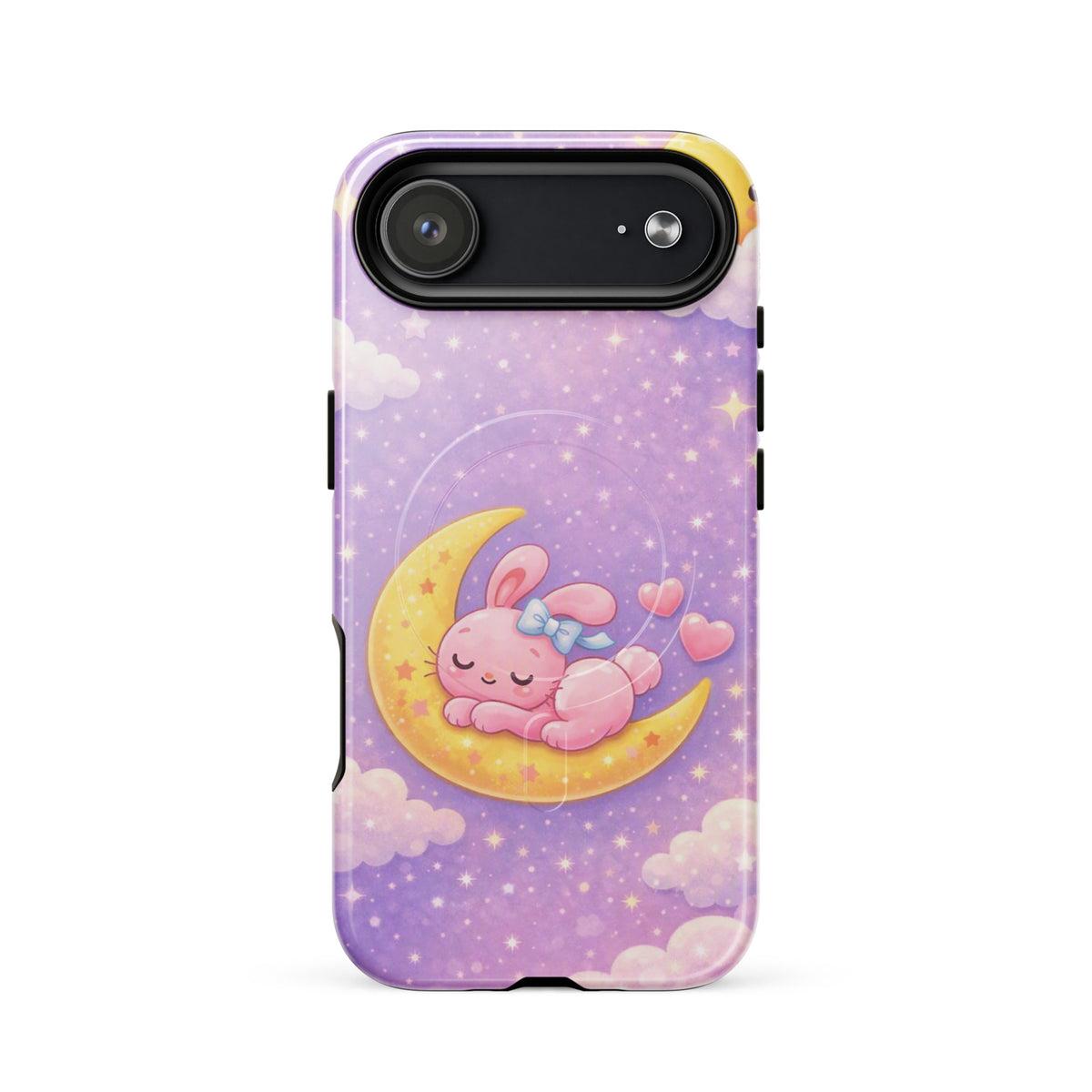 Magnetic Phone Case with dreamy bunny on crescent moon design for iPhone, featuring a celestial pastel sky.