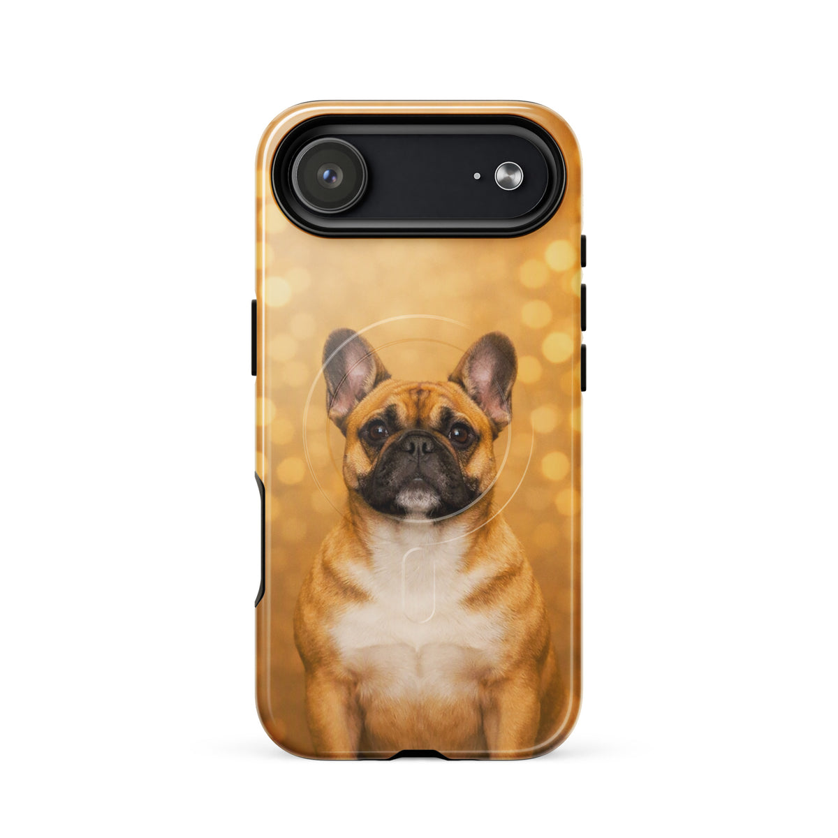 Magnetic Phone Case with French Bulldog portrait, golden bokeh background, perfect for dog lovers seeking charm and sophistication.
