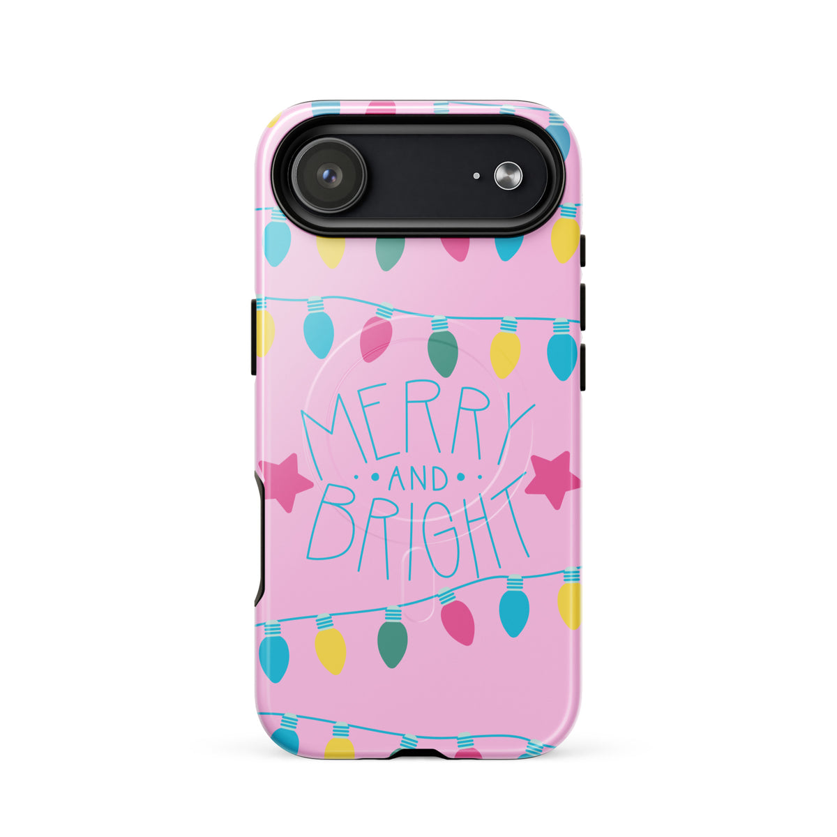 Magnetic Phone Case for iPhone with Merry and Bright holiday design featuring festive lights and stars on a pink background.