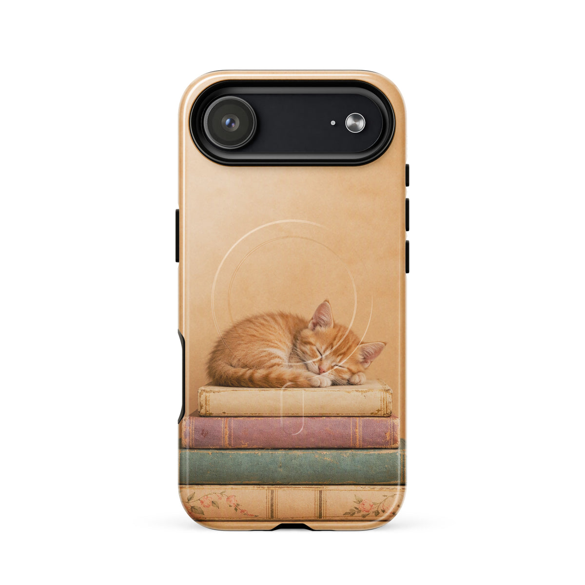 Magnetic Phone Case with sleeping kitten illustration on vintage books, perfect for book lovers and cat enthusiasts.