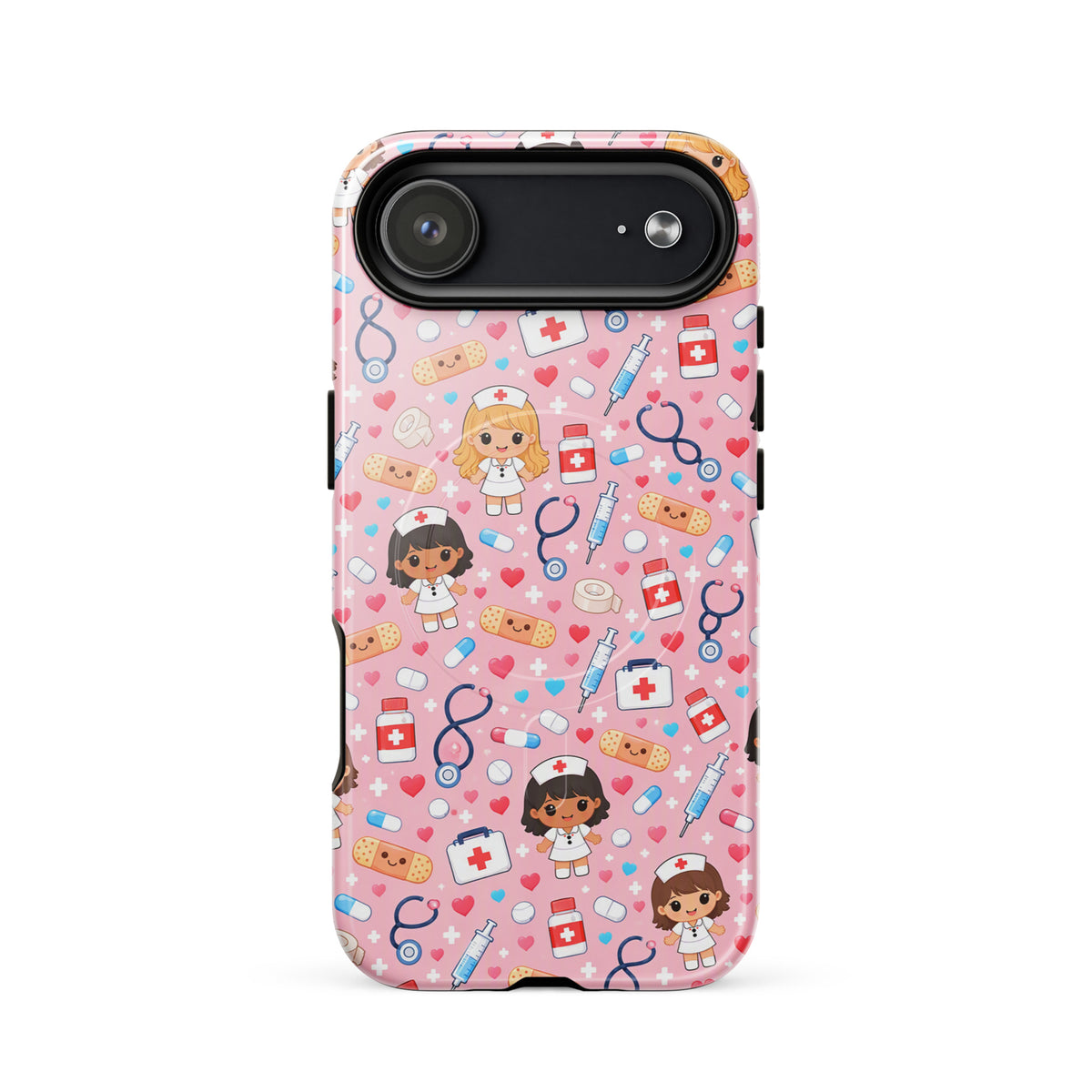 Magnetic Phone Case with kawaii nurse medical pattern on pink background featuring cute healthcare icons for iPhone.