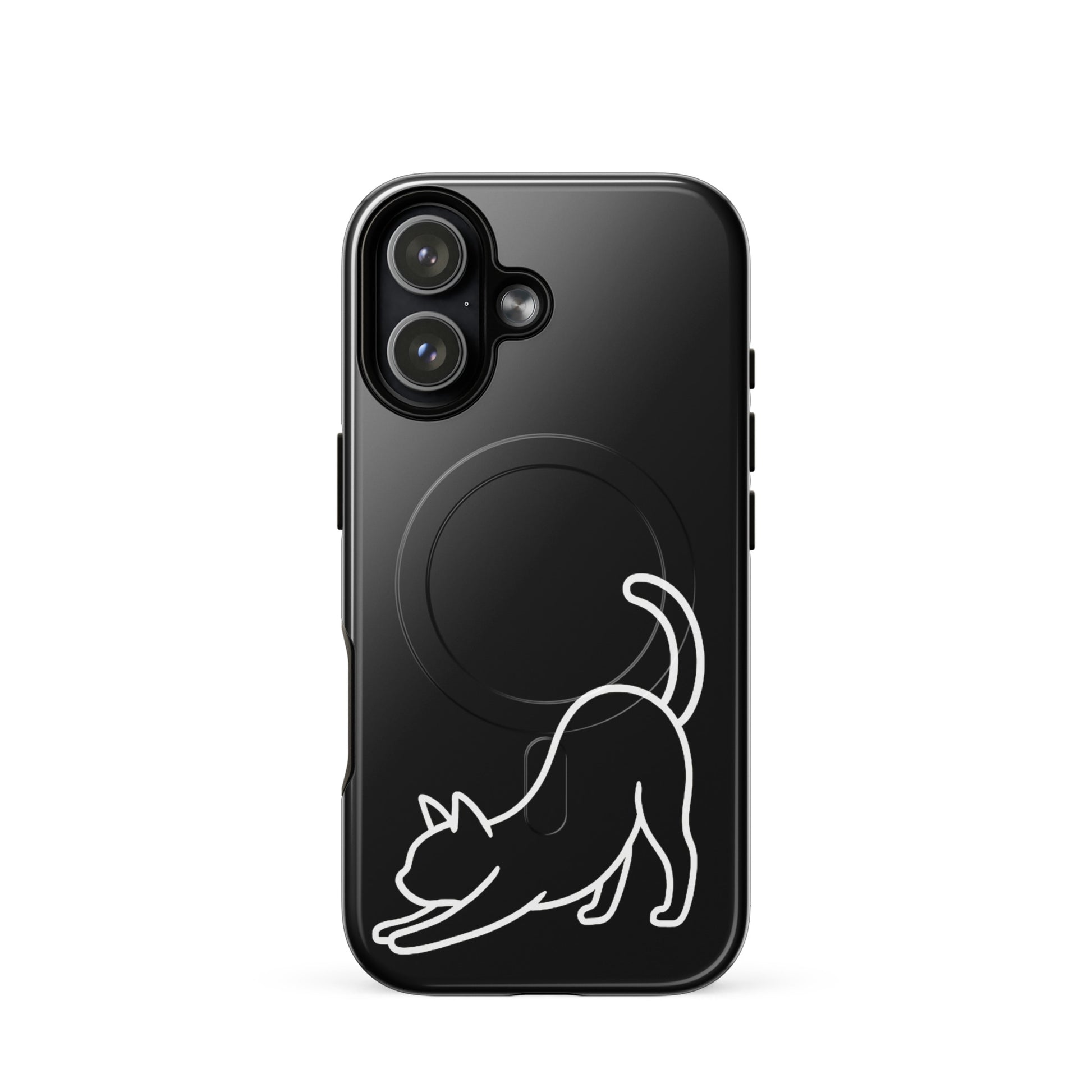 Magnetic Phone Case featuring a minimalist stretching cat design on a sleek black background.