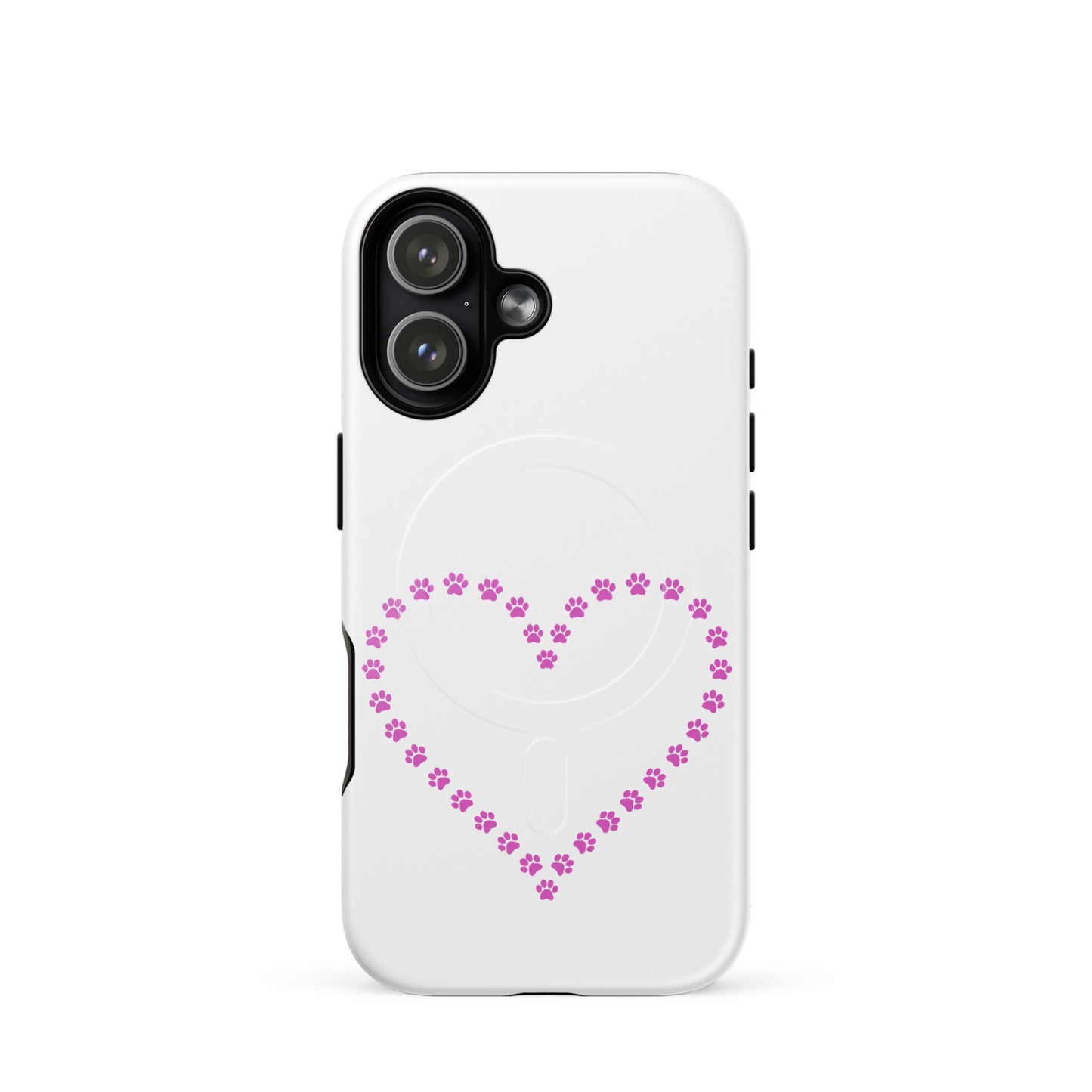 Magnetic Phone Case featuring a heart design made of pink paw prints for pet lovers.