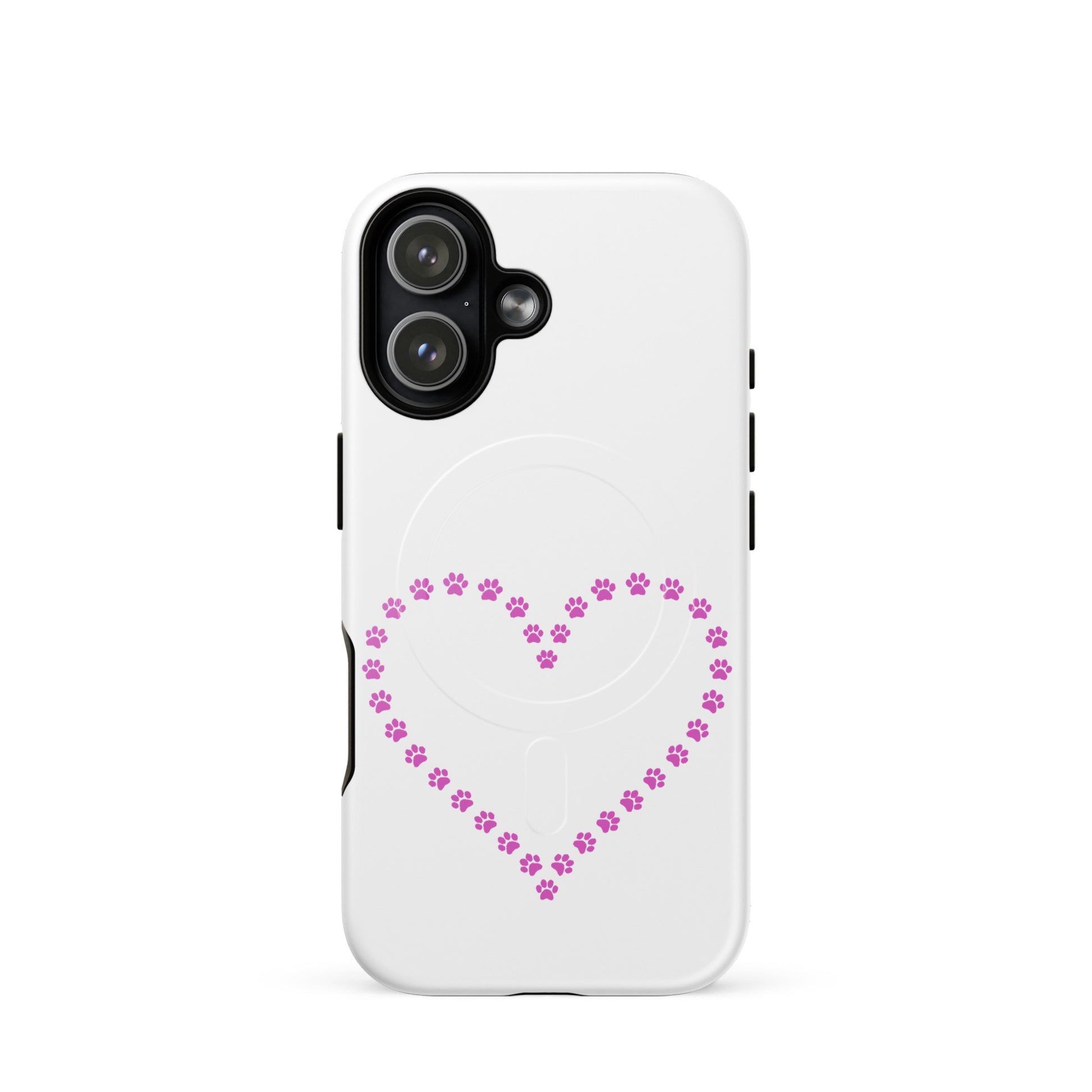 Magnetic Phone Case featuring a heart design made of pink paw prints for pet lovers.