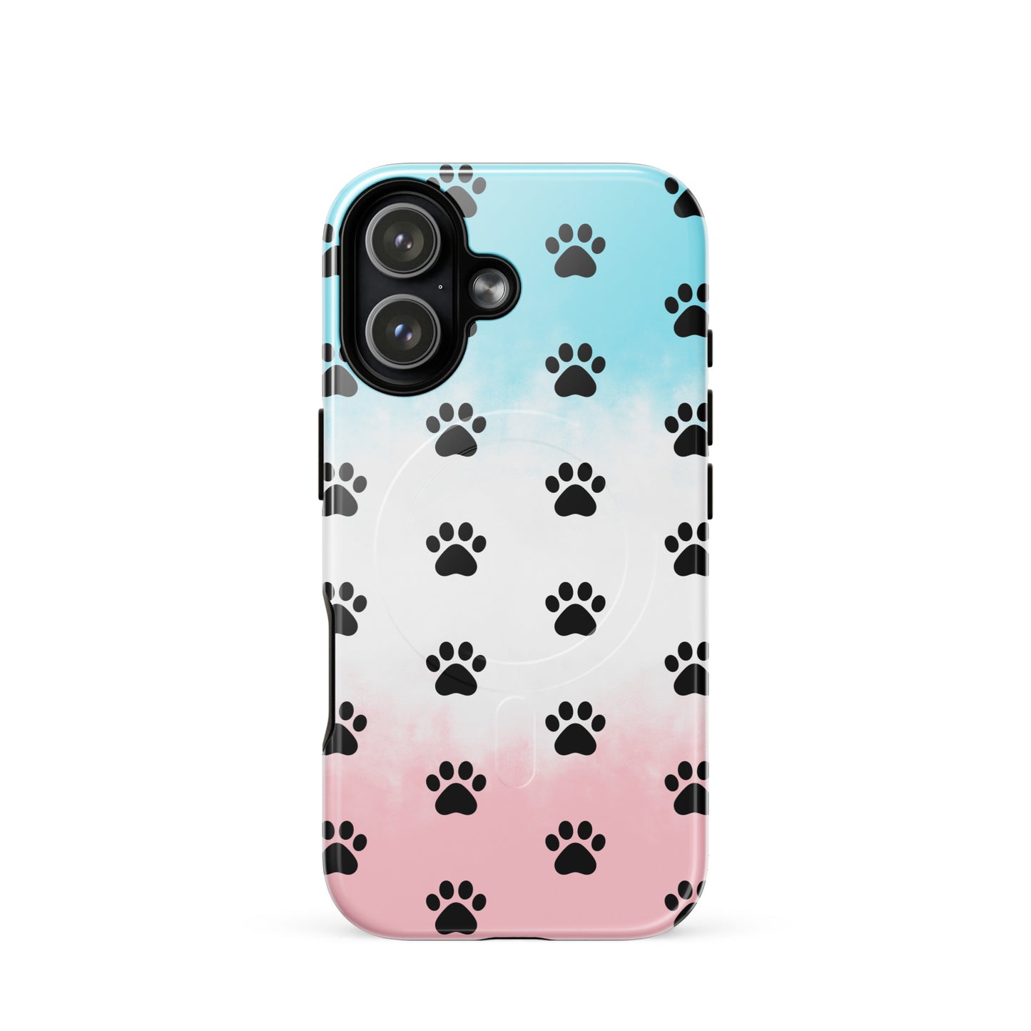 Magnetic Phone Case featuring a playful paw print design for pet lovers with a blue and pink background.