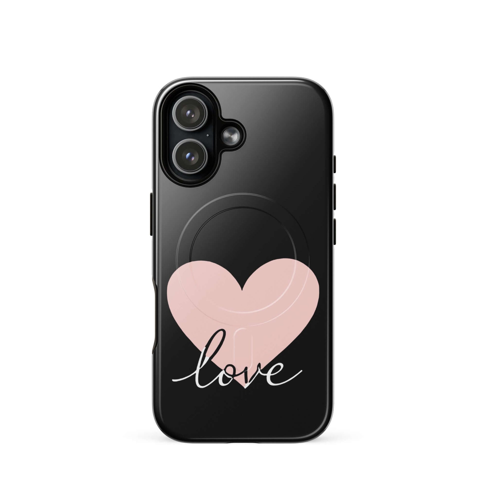 Magnetic Phone Case featuring a pink heart and script love design for iPhone, providing stylish protection.