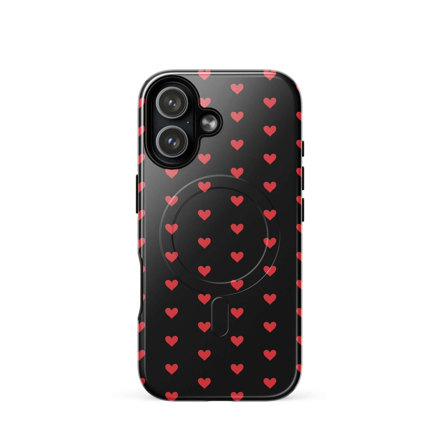 Magnetic Phone Case featuring a pattern of fiery red hearts on a sleek black background.