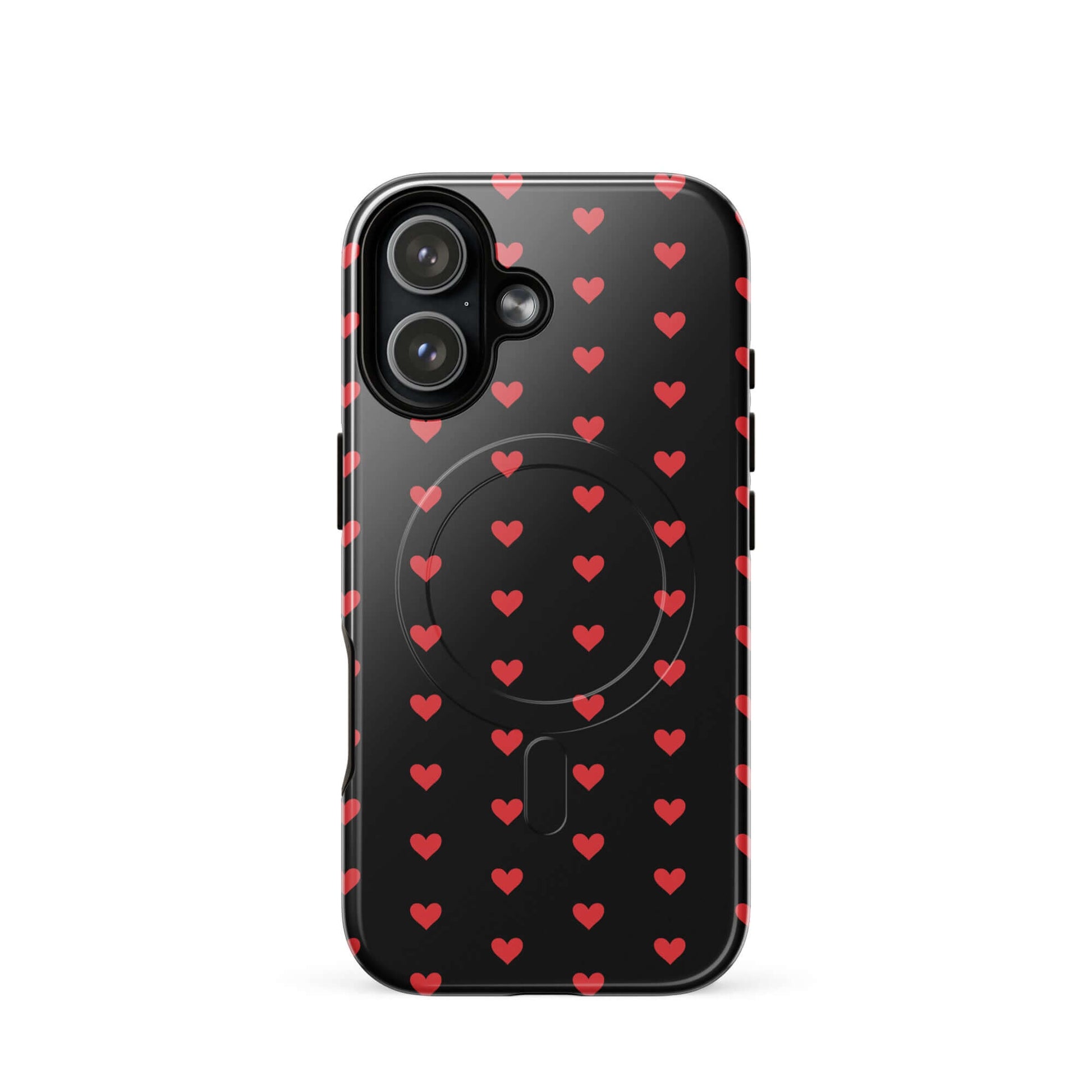 Magnetic Phone Case featuring a pattern of fiery red hearts on a sleek black background.
