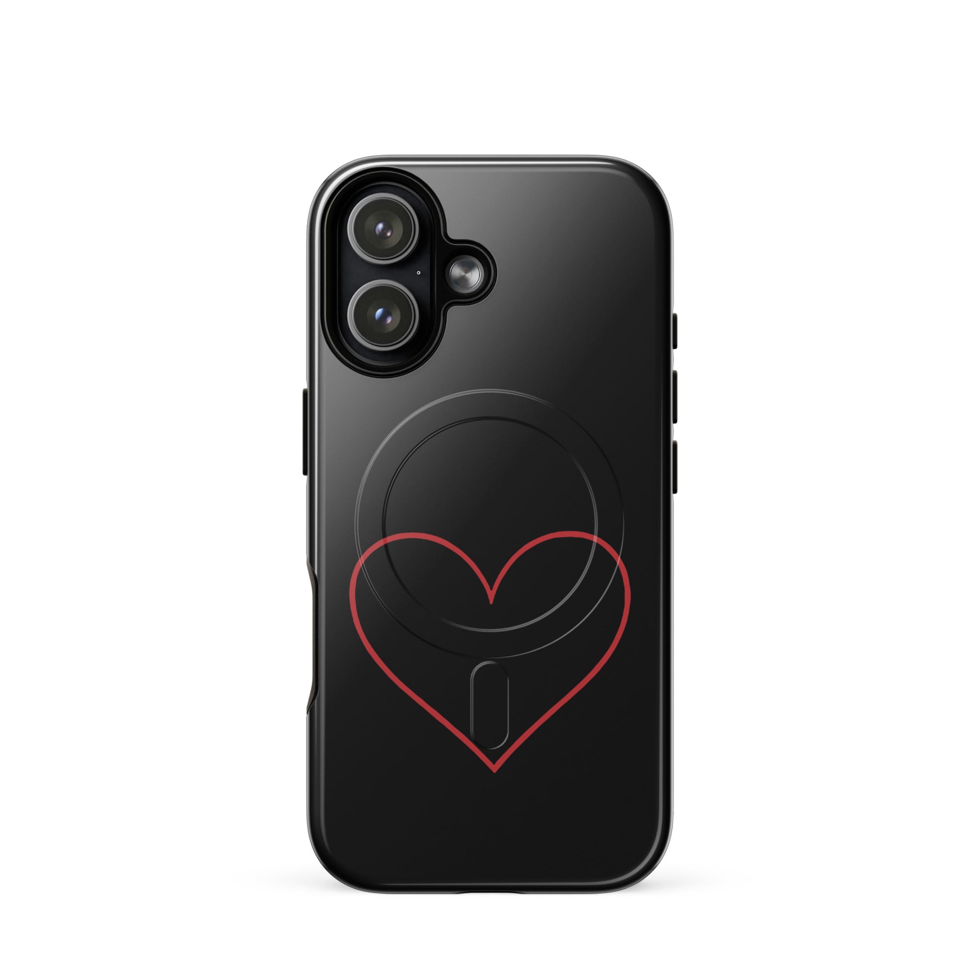 Magnetic Phone Case for iPhone featuring a minimalist crimson heart design on a sleek black background.