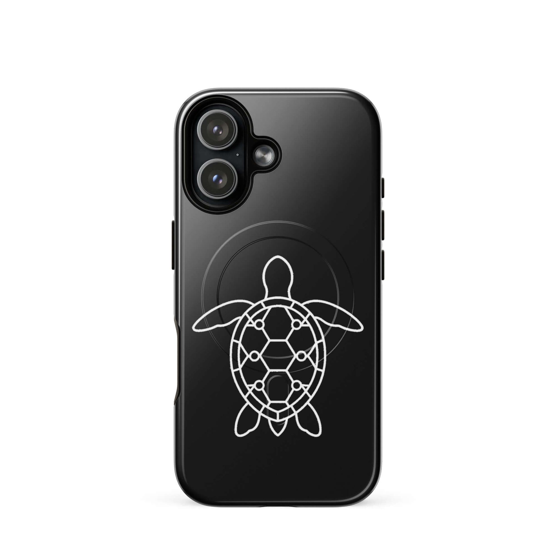 Magnetic Phone Case featuring a minimalist sea turtle silhouette design on a sleek black background.